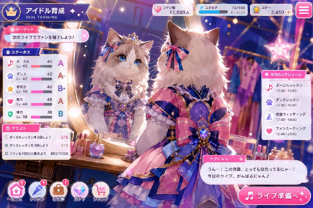 「この衣装、とっても似合ってるにゃ…!✨ 今日のライブ、一番輝くから見ててね👗💖 #ラグドール #ドレスアップ」Ultra-realistic high-quality photograph of a stunning blue bicolor Ragdoll cat in a dressing room. Viewed from behind, the cat wears an elaborate pink and blue frilled dress with a large bow, looking into a vanity mirror. The mirror reflects its elegant face adorned with a tiara and striking sapphire blue eyes. Cosmetics and perfume bottles decorate the vanity. ライブ本番前の楽屋で、鏡台の前に立ち自分を見つめるブルーバイカラーのラグドール。背中側からのアングルで、幾重にも重なるピンクと青の豪華なフリルドレスと大きなリボンが描かれ、鏡の中にはティアラを戴いた気高くも愛らしい顔と美しいサファイアブルーの瞳が映っています。周囲には香水瓶やメイク道具が並んでいます