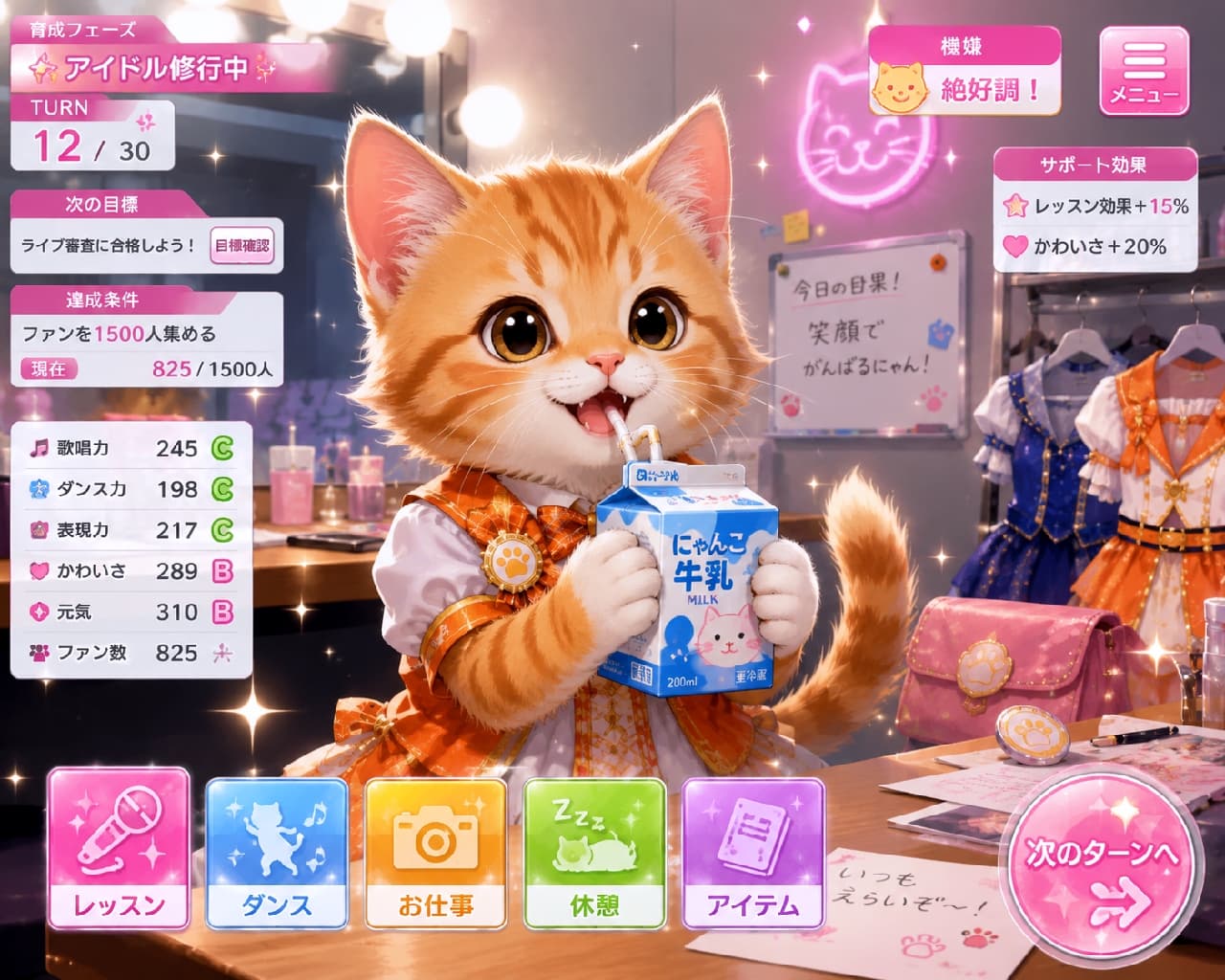 「ぷはーっ!レッスンの後のミルクは最高にゃ🍼✨ エネルギー満タンで次もがんばるぞー!💪🍊 #茶トラ #休憩中」Ultra-realistic high-quality photograph of a red tabby and white kitten taking a break in the dressing room. The kitten is holding a cute blue carton of "Nyanko Milk" with both paws and drinking happily through a straw. It wears an orange idol uniform and has a joyful expression with big, sparkling eyes. The background shows a whiteboard and a costume rack. 楽屋の机で休憩中、両手で「にゃんこ牛乳」の紙パックをしっかりと持ち、ストローをくわえて美味しそうに飲む茶トラ(レッドタビー&ホワイト)の子猫。オレンジ色のアイドル衣装を着ており、クリクリの大きな目と幸せそうな笑顔がたまりません。背景には「今日の目標!」が書かれたホワイトボードや、衣装ラックが配置されています
