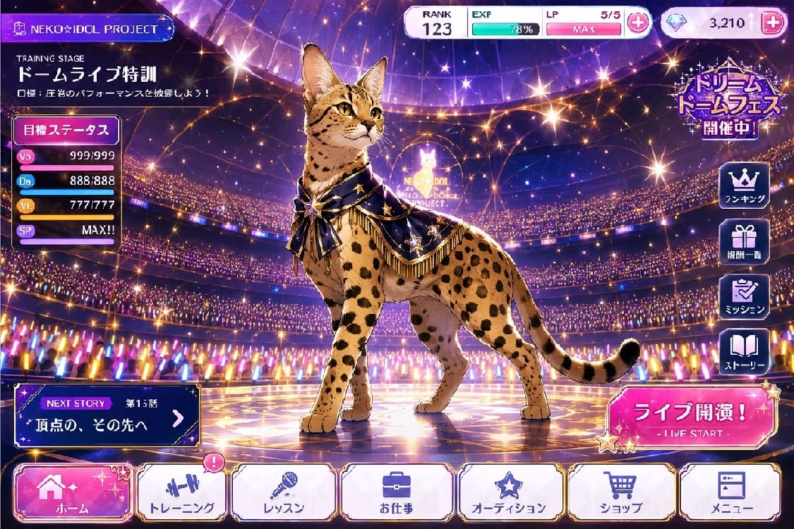 「ここが頂点、そして新たな幕開け!🐆✨ 誰にも負けない圧巻のオーラで、ドームを制覇するわよ!」Ultra-realistic high-quality photograph of a majestic Savannah cat with striking leopard spots standing confidently on a massive dome concert stage. It wears a regal navy blue and gold starry mantle, looking out over a sea of glowing penlights. 何万ものペンライトが光る超巨大なドームスタジアムのステージ。美しいヒョウ柄の被毛とスレンダーな体躯を持つサバンナキャットが、金色の星の装飾が施されたネイビーの豪奢なマントを羽織り、自信に満ちた鋭い視線で凛と立っています