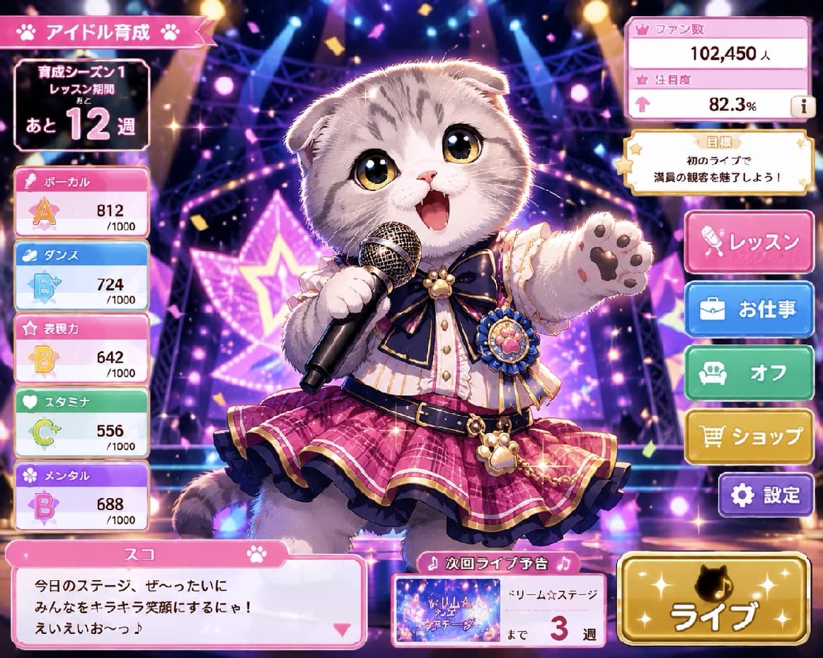 「今日のステージ、絶対みんなを笑顔にするにゃ!🎤✨ 応援よろしくお願いします💖 #猫アイドル #スコティッシュフォールド」Ultra-realistic high-quality photograph of a silver tabby Scottish Fold kitten performing on a live stage. The cat has folded ears, sparkling big eyes, and is holding a microphone while singing enthusiastically. It wears a cute idol outfit with a pink checkered skirt and navy ribbon. The background features dazzling spotlights and star-shaped neon lights. 華やかなライブステージで、マイクを握りしめて元気いっぱいに歌うサバトラ模様のスコティッシュフォールドの子猫。折れ耳とキラキラ輝く大きな丸い目、大きく開けた口が愛らしく、ピンクのチェック柄スカートとネイビーのリボンがついたアイドル衣装を身に纏っています。背景にはまばゆいスポットライトと星型のネオンが輝いています