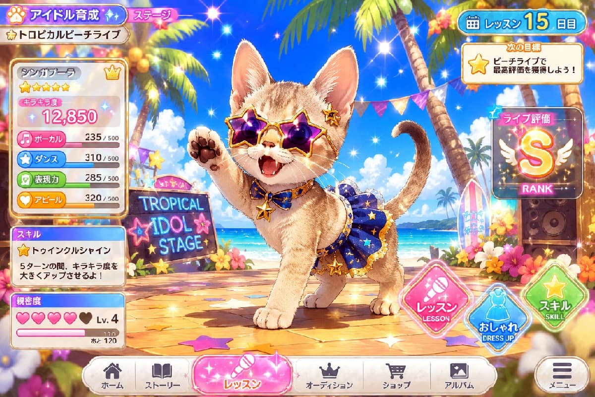 「「夏の太陽より、あたちの方がまぶしいでしょ?😎🌴」常夏のビーチステージで最高のSランクパフォーマンス✨」Ultra-realistic high-quality photograph of a tiny Singapura kitten idol performing on a tropical beach stage. The kitten is wearing cool star-shaped purple sunglasses and a starry blue frill skirt, raising one paw energetically under the bright summer sun. 青い海とヤシの木が広がるトロピカルなビーチステージで、世界最小の猫種シンガプーラの子猫が元気いっぱいに片手を挙げてファンにアピールしています。紫色の星型サングラスと、夜空のような青に星が散りばめられたフリルスカートを身につけ、太陽の光を浴びてキラキラと輝いています