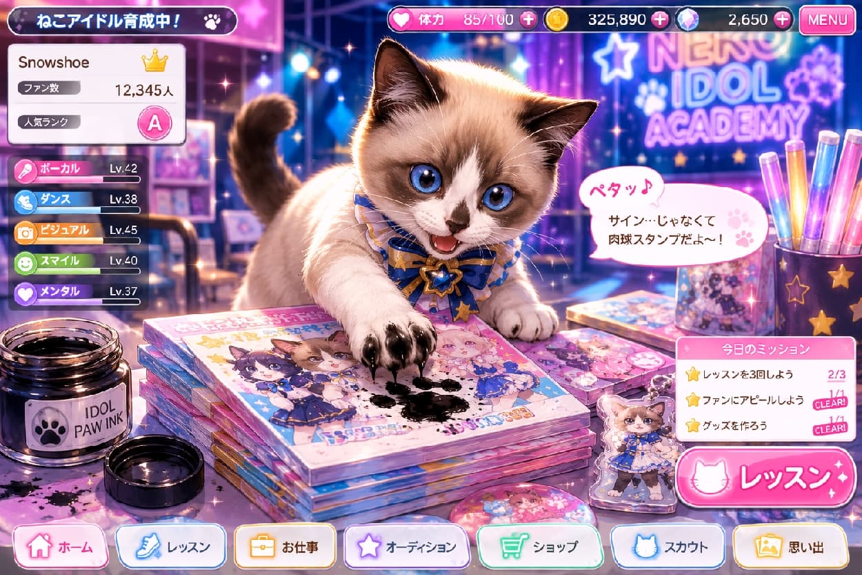 「「サインの代わりは、ボクの特製おててスタンプだにゃ🐾💖」一生懸命なファンサに胸キュン間違いなし!」Ultra-realistic high-quality photograph of an adorable Snowshoe kitten with striking blue eyes, dressed in a blue ribbon bow tie. The kitten is earnestly pressing its ink-covered paw onto a stack of idol CD cases to create paw-print autographs in a vibrant, neon-lit event space. キラキラとしたネオン輝くイベント会場で、美しいブルーの瞳と白い足元が特徴的なスノーシューの子猫が、アイドルグッズのCDパッケージに黒いインクで「ペタッ」と肉球スタンプを押しています。青いリボンタイでおめかしし、一生懸命にファンサービスをする健気な表情がたまらなく愛らしい情景です