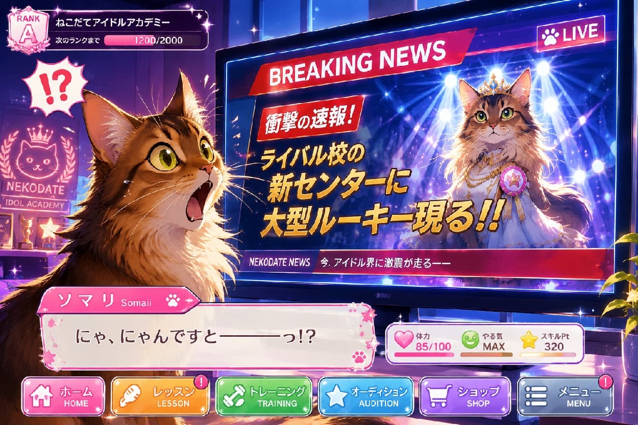 「「にゃ、にゃんですとーーっ!?あんな強そうなライバル聞いてないにゃ!🙀📺」アイドル界に激震!波乱の予感…!?」Ultra-realistic high-quality photograph of a beautiful Somali cat with a fluffy coat looking absolutely shocked, with wide eyes and an open mouth, at a television screen. The TV displays "BREAKING NEWS" about a majestic, long-haired rival cat idol wearing a crown, creating a dramatic and comedic scene. アイドルアカデミーの寮の部屋で、ふさふさのキツネのような尻尾と美しい毛並みを持つソマリが、テレビから流れる「ライバル校に大型ルーキー登場!」の速報ニュースを見て、目と口を大きく開けて驚愕の表情を浮かべています。画面の中には、王冠を被り圧倒的なオーラを放つ長毛種のライバル猫が堂々と映し出されています