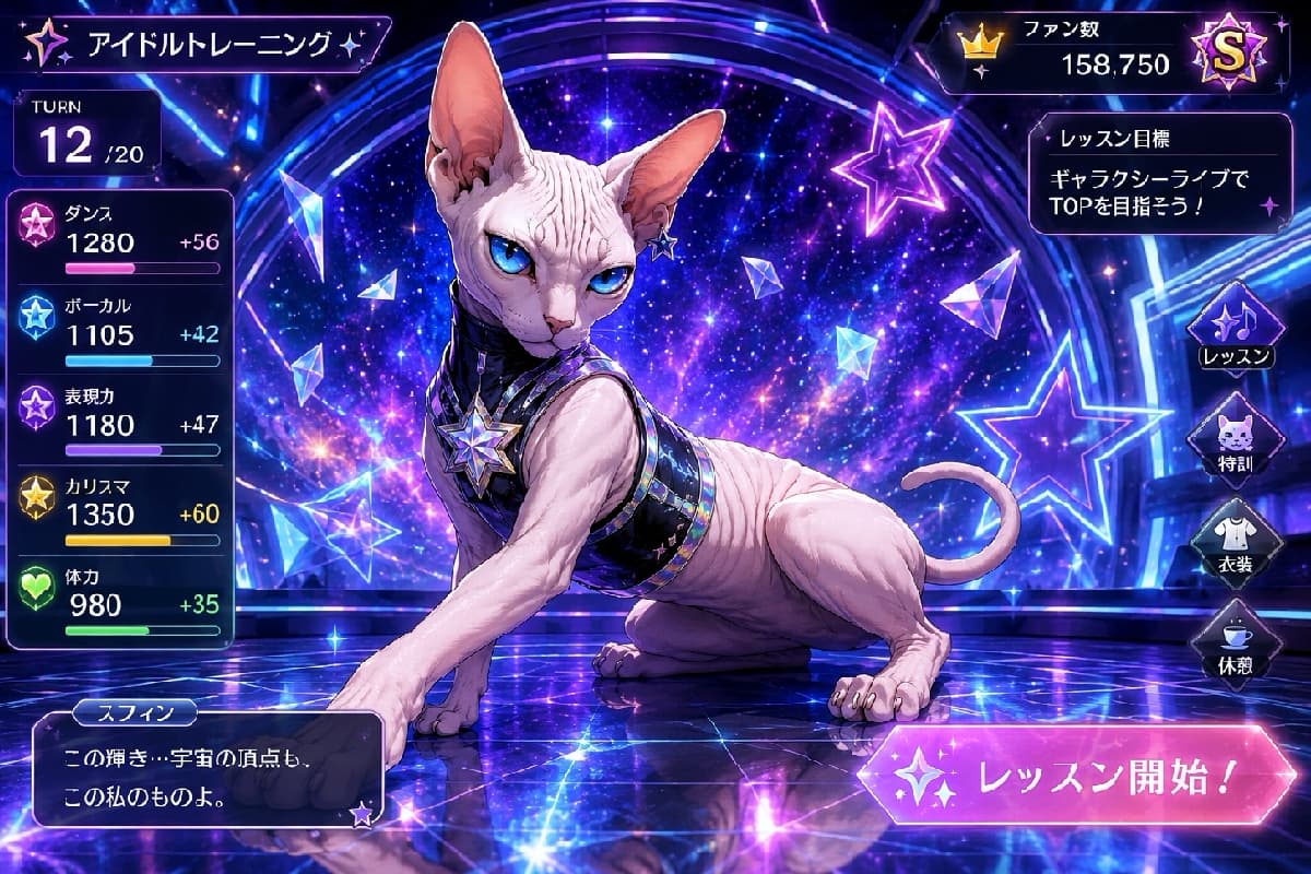 「「この輝き…宇宙の頂点も、この私のものよ。」🌟🪐 地上だけじゃ飽き足らない!宇宙規模のレッスン、いくわよ。 #スフィンクス #アイドルトレーニング #宇宙一」Ultra-realistic high-quality photograph of a unique Sphynx cat with intense blue eyes training on a cosmic-themed holographic stage. The cat wears a chic black patent leather top decorated with a glowing crystal star brooch on its chest. The background is filled with swirling purple and pink stellar cosmic dust, holographic neon stars, and game UI overlays like a "Start Lesson!" button. 星屑が舞う宇宙をテーマにしたトレーニングルーム。黒いエナメル調のハイテク衣装に、胸元に大きなクリスタルスターのブローチをつけたスフィンクス猫が、しなやかなポーズで伏せながらカメラをクールに見つめています。背景にはピンクや青の光輝くデジタルホログラム、星型のネオン、そして画面右下には「レッスン開始!」のピンクのボタンなどのゲームUIが美しく配置されています
