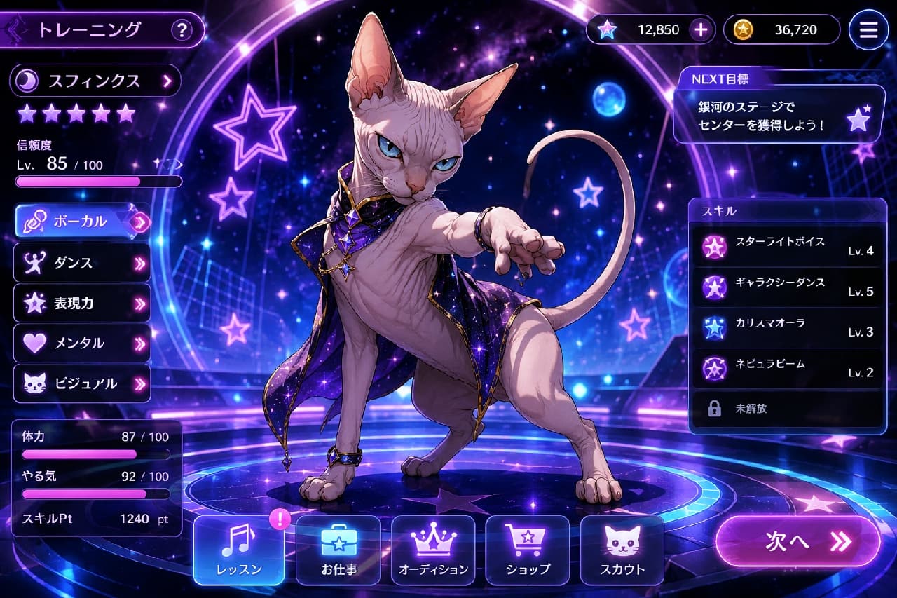 「「宇宙のスピードに追いつけるかにゃ?🪐✨ ギャラクシーライブでセンターを勝ち取るのはこの私よ!」💎 誰も真似できない、異次元のパフォーマンス! #スフィンクス #ギャラクシーダンス #宇宙ステージ」Ultra-realistic high-quality photograph of a sleek, majestic Sphynx cat posing on a galaxy-themed futuristic stage. The cat has deep blue eyes and is wearing a dark purple cape printed with starry galaxies and a gold collar. It strikes a dramatic, powerful dance pose on a glossy stage floor that reflects the surrounding neon stars and nebulae. 宇宙空間を模した幻想的なホログラムライブステージ。無毛種特有の神秘的なシルエットを持つスフィンクス猫が、吸い込まれそうなブルーの瞳を輝かせ、星空とネビュラ(星雲)が描かれた輝くマントを羽織ってダイナミックなダンスポーズを決めています。ステージの床は鏡のように宇宙のネオンや巨大な星型のオブジェを反射しています