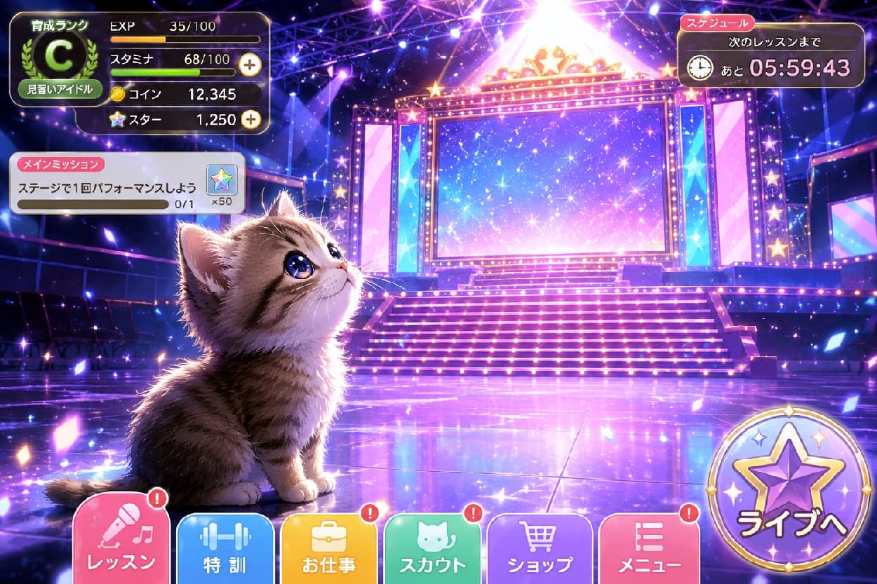 「「いつか絶対、あの光の真ん中に立つにゃ!✨」小さなアイドルの、大きな夢がここから始まる…🐾」Ultra-realistic high-quality photograph of a tiny, fluffy brown tabby kitten sitting alone on a massive, dazzling concert stage. The kitten looks up with wide, starry eyes full of hope towards the brilliant purple and blue lighting. 無数の星が輝く巨大なスクリーンと紫色のレーザー光に彩られた無人の大ステージ。その中央で、フワフワな毛並みのキジトラの子猫がお座りをして、希望に満ちたキラキラと輝く大きな瞳でステージの上方を見つめています