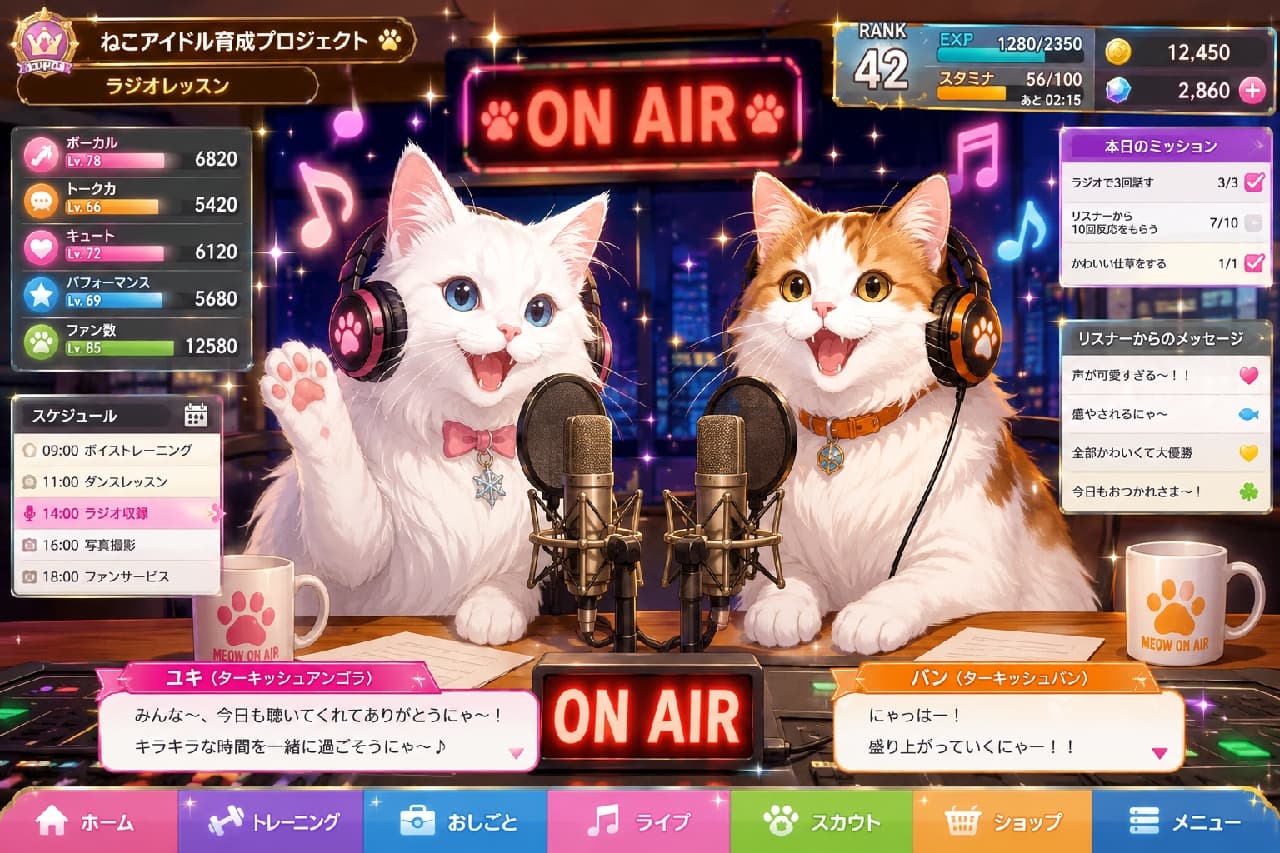 「「みんな~!今日もキラキラな時間を一緒に過ごそうにゃ~🎧✨」大人気ラジオ番組、絶賛オンエア中!」Ultra-realistic high-quality photograph of a fluffy white Turkish Angora and an orange-and-white Turkish Van cat broadcasting in a cozy radio studio. Both wear professional headphones and speak enthusiastically into microphones, with a glowing "ON AIR" neon sign and city night view in the background. 夜景が見えるおしゃれなラジオスタジオで、「ON AIR」のネオンサインの下、純白のターキッシュアンゴラと茶白のターキッシュバンが本格的なヘッドホンをつけてマイクに向かっています。楽しそうに口を開けてリスナーに語りかける表情や、肉球マークのマグカップなど、細部までアイドルらしい可愛さが詰まっています