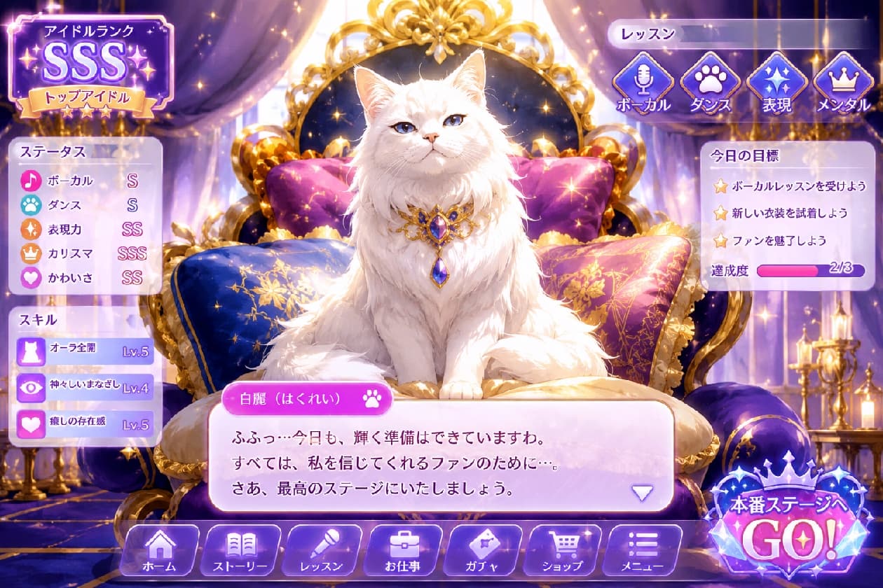 「「ふふっ…今日も、輝く準備はできていますわ。すべては、私を信じてくれるファンのために…。さあ、最高のステージにいたしましょう。」👑💖 誰もが憧れる、絶対的女王の輝き✨ #ペルシャ猫 #トップアイドル #白麗」Ultra-realistic high-quality photograph of a legendary SSS-rank top idol cat named Hakurei sitting majestically on an opulent golden and purple royal throne. The cat is an incredibly fluffy, pure white Persian with captivating sapphire blue eyes. It wears an elegant gold necklace adorned with a large blue gemstone. The background shows a lavish palace hall with soft, glowing twilight. 豪華絢爛な宮殿のロイヤルルーム。SSSランクのトップアイドル「白麗(はくれい)」が、ゴールドの重厚な彫刻と高貴な紫・青のクッションで飾られた巨大な玉座にゆったりと腰掛けています。極めてフサフサな純白の毛並みを持つペルシャ猫で、首にはゴールドと大粒のサファイアブルーの宝石があしらわれたロイヤルチョーカーを身につけ、知性と品格に満ちたブルーの瞳で正面を見つめています