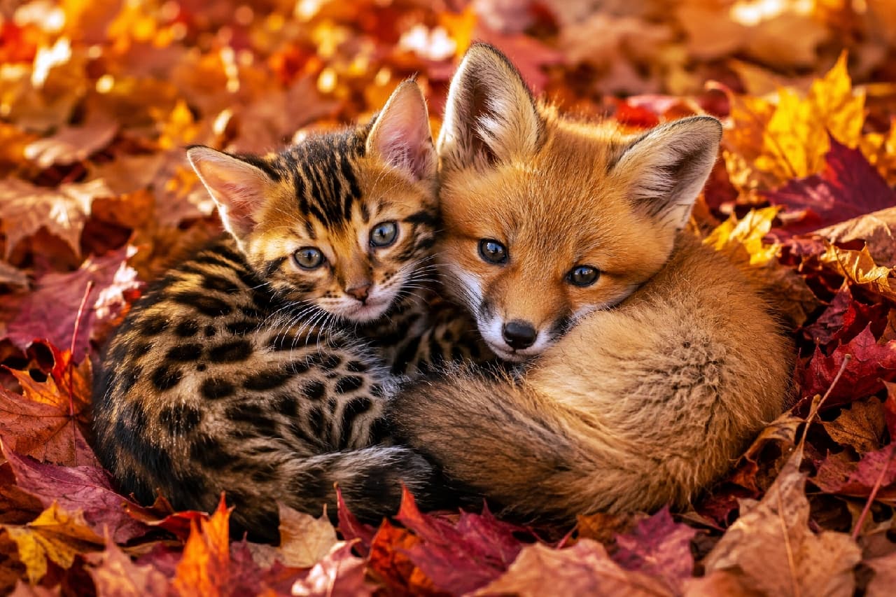「秋の森で見つけた秘密のぬくもり🍂🦊レオパード柄の子猫と子ギツネのシンクロ寝ポーズが美しすぎて、まるで絵画の世界みたい✨」Ultra-realistic high-quality photograph of a spotted Bengal kitten and a fluffy red fox cub curled up together, surrounded by vibrant red and orange autumn maple leaves in the warm sunlight. 鮮やかに紅葉した赤やオレンジの楓の落ち葉の絨毯の上で、美しい野生味のあるスポット模様（豹柄）を持つベンガルの子猫と、ふさふさした茶色い毛並みのキツネの赤ちゃんが、お互いに体を丸めて身を寄せ合いながらこちらを見つめている、陽だまりに満ちた秋の情景