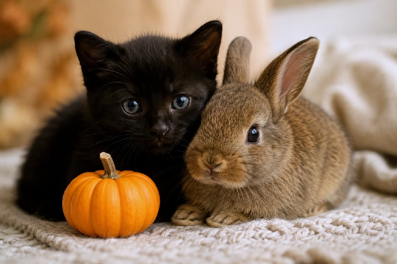 「ハッピーハロウィンを先取り🎃🖤つぶらな瞳の黒猫ちゃんと子ウサギちゃんの最強タッグ！カボチャとのサイズ感もたまらない可愛さ🐾」Ultra-realistic high-quality photograph of a sleek black kitten with bright blue eyes and a fluffy brown baby bunny sitting together next to a small orange pumpkin on a knitted cream blanket. 目の粗い柔らかなニットのブランケットの上で、澄んだブルーの瞳をした真っ黒な子猫と、ふわふわとした茶色いウサギの赤ちゃんが静かに並び、手前に置かれた鮮やかなオレンジ色のミニカボチャと一緒にまっすぐカメラを見つめている秋のスタジオ写真