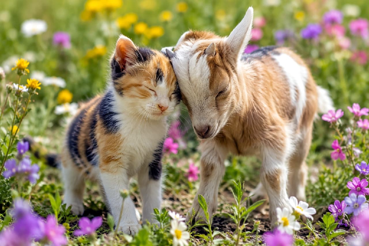 「春のお花畑で「大好き」のコツン🌸子ヤギさんと三毛猫ちゃんの秘密の約束の場所✨ #三毛猫 #お花畑 #癒やし」Ultra-realistic high-quality photograph of a calico kitten and a small brown-and-white baby goat gently touching their heads together with closed eyes in a blooming spring field filled with colorful wildflowers. 紫や黄色、白の可憐な野生の花々が咲き乱れる春の草原の中で、お互いに頭を優しくコツンと合わせながら嬉しそうに目を細める、白・茶・黒のコントラストが美しい三毛猫（キャリコ）の子猫と、茶と白の斑模様を持つ小さな子ヤギの赤ちゃん。温かい昼下がりの光が満ちるのどかな風景