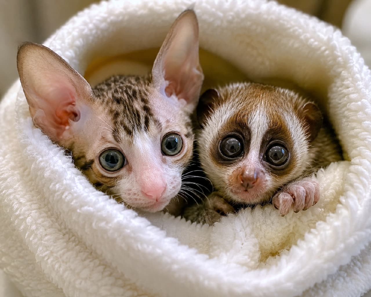 「もこもこ毛布から、ひょっこり！大きな瞳のレックス子猫とロリスちゃんの最強うるうる視線にノックアウトされちゃう🥺」Ultra-realistic high-quality photograph of a tabby Cornish Rex kitten with large ears and a baby slow loris with huge glossy black eyes peering out together from inside a white fluffy fleece blanket roll. 白くふかふかしたボア素材のブランケットベッドの筒の中から、大きな耳と大きなグリーン系の瞳が特徴的なキジトラ模様のコーニッシュレックスの子猫と、クリクリとした漆黒の大きな瞳を持つスローロリスの赤ちゃんが並んで顔を出し、じっとカメラを見つめている温かみのある室内写真