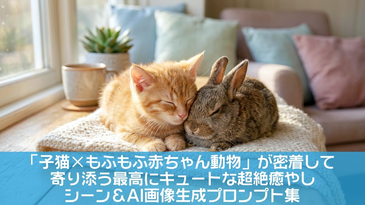 「あったかい陽だまりで、大好きなキミとピタッ…💕 この幸せなぬくもり、ずっと続いてほしいニャ🐰🐱✨ #子猫とウサギ #異種仲良し #ぽかぽか #癒やし」Ultra-realistic high-quality photograph of a tiny ginger tabby kitten and a cute baby rabbit cuddling head-to-head on a soft knitted blanket by a sunlit window in a cozy interior setting. 陽だまりの木製テーブルの上で、柔らかい白いニットブランケットに包まれながら、小さな茶トラの仔猫とグレーブラウンの赤ちゃんウサギが頬を寄せ合って安らかに眠る姿。左側の窓から差し込む温かい自然光が2匹の繊細な毛並みを優しく照らし、背景にはパステルカラーのクッションや観葉植物が配置された、温もり溢れる北欧風インテリアの情景