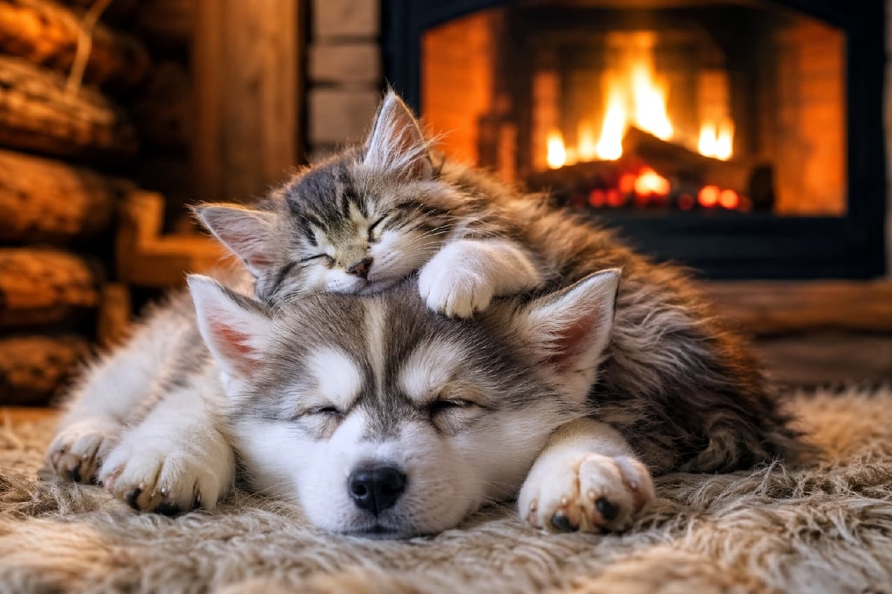 「暖炉の前でスヤスヤ…🔥子猫と子犬の最強癒やしコンビに心がとろけちゃう愛おしすぎる1枚🐈枕にしちゃう大胆さも可愛い！🐾」Ultra-realistic high-quality photograph of a long-haired tabby and white kitten sleeping peacefully with its tiny white paw resting on the head of a husky puppy, both lying on a fluffy rug in front of a warm, glowing fireplace. 暖炉の温かな炎が赤々と燃える背景の前で、毛足が長くふさふさしたキジトラ白の子猫がシベリアンハスキーの子犬の頭の上に小さな白い前足を乗せ、お互いに目を閉じて心地よさそうにシャギーラグの上で眠っている、ぬくもりに満ちた超リアルな写真