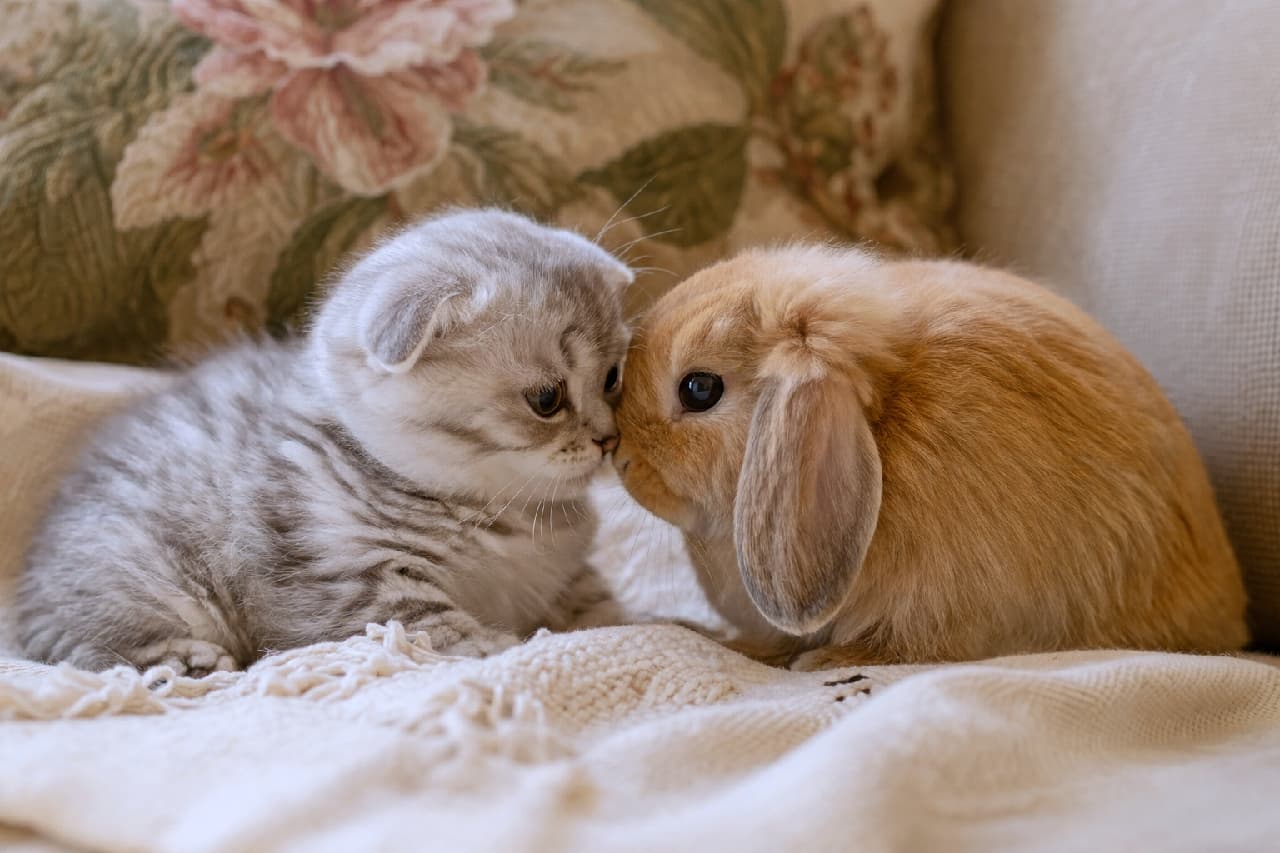 「はじめましての鼻ツン挨拶にお互いドキドキ…!?💓この尊すぎる瞬間にいいねしてね🐾 #スコティッシュ #うさぎ」Ultra-realistic high-quality photograph of a silver tabby Scottish Fold kitten with folded ears and a light brown lop-eared rabbit touching noses gently on a beige knitted blanket over a living room sofa. 落ち着いた花柄のクッションが置かれたベージュのソファの上で、お互いに鼻先をぴったりとくっつけ合って挨拶を交わす、折れ耳と丸い輪郭が愛らしいシルバータビ―のスコティッシュフォールド子猫と、ふっくらとしたライトブラウンの被毛を持つロップイヤーラビットの赤ちゃん