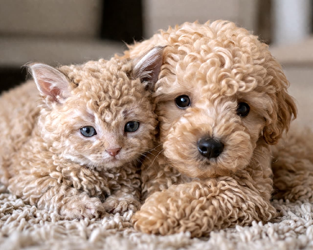 「極上のくるくるヘア共演がついに完成✨セルカークレックス子猫とトイプードルちゃんの、シンクロもふもふ感に吸い込まれそう🐾」Ultra-realistic high-quality photograph of a cream-colored Selkirk Rex kitten with blue eyes and an apricot Toy Poodle puppy cuddling closely on a beige shaggy rug, with each of their distinct curly fur textures rendered in sharp, independent detail. ベージュのふかふかしたシャギーラグの上で、気品あるブルーの瞳をしたクリーム色のセルカークレックスの子猫と、同じくアプリコットカラーの美しい巻き毛を持つトイプードルの子犬が、お互いに体をぴったりと密着させて静かにこちらを見つめている写真。それぞれの複雑な巻き毛の質感が完全に独立してリアルに描写されている