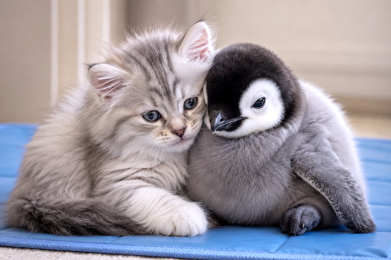 「まさかの出会い🐧🐈シルバータビーの美少女子猫ちゃんとペンギンちゃんの、ひんやりブルーな世界でのもふもふ共演です✨」Ultra-realistic high-quality photograph of a fluffy silver tabby Siberian kitten with blue eyes and a grey baby penguin chick leaning their heads together on a light blue quilted mat indoors. 明るいお部屋のフローリングに敷かれた爽やかな青いキルティングマットの上で、神秘的なブルーグレーの瞳と美しいシルバータビーの長毛を持つサイベリアンの子猫が、グレーの柔らかな産毛に包まれたコウテイペンギンのヒナとぴったりと頭を寄せ合い、少し物憂げで愛らしい表情で佇んでいる写真