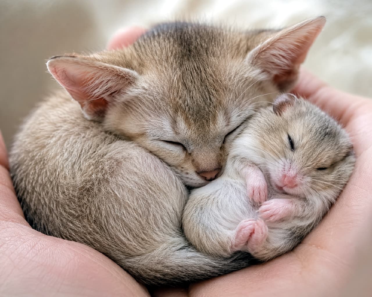 「手のひらに収まるちっちゃな幸せ…💕すやすや眠る子猫ちゃんとハムスターちゃんの尊すぎる寝顔、無限に見ていられる😭」Ultra-realistic high-quality photograph of a tiny ticked tabby Singapura kitten and a baby hamster curled up together and sleeping peacefully inside the cupped palms of human hands. 優しく包み込むような人間の両手の手のひらの上で、サンドカラーの美しいティックドタビーを持つシンガプーラの超小型子猫と、小さなジャンガリアンハムスターの赤ちゃんがお互いに丸くなり、目を閉じてスヤスヤと気持ちよさそうに添い寝している、マクロ撮影のように精緻で温かみのある写真