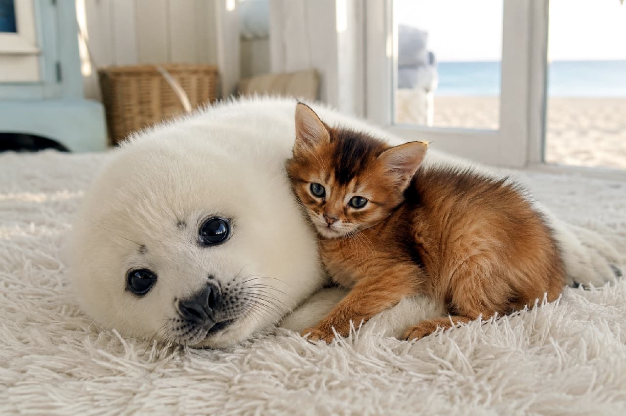 「海の見えるお部屋で奇跡のコラボ🌊✨アザラシの赤ちゃん×もふもふ子猫のピュアな密着ショットにキュンが止まらない…！💙」Ultra-realistic high-quality photograph of a fluffy reddish-brown Somali kitten cuddling closely with a white seal pup with large black eyes, lying together on a soft white rug by a bright window overlooking the sea. 砂浜と海が見える明るい窓辺の白いシャギーラグの上で、大きな黒い瞳が愛らしい真っ白なアザラシの赤ちゃんに、輝くようなアグーティタビーの被毛を持つソマリ（またはアビシニアン長毛）の子猫がぴったりと体を寄せてこちらを見つめている幻想的で美しい写真