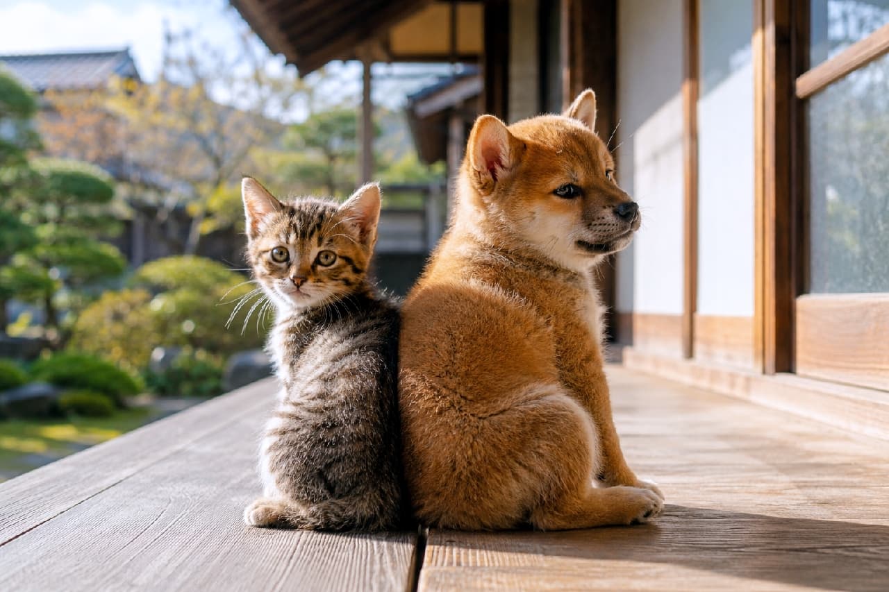 「日本の夏（または秋）の過ごし方。縁側で背中を合わせるキジトラちゃん＆柴犬くんに「和の癒やし」をもらっちゃおう縁側🐾」Ultra-realistic high-quality photograph of a brown tabby kitten and a red Shiba Inu puppy sitting back-to-back on a traditional Japanese wooden veranda (engawa) under soft sunlight, with a garden background. 美しい日本庭園が広がる和風建築の木製の縁側（濡れ縁）の上で、はっきりとした縞模様を持つ日本猫風のキジトラ子猫と、ふっくらとした赤柴の柴犬の子犬がぴったりと背中を合わせてお座りし、子猫は振り返ってこちらを見つめ、柴犬は横を向いて日差しを浴びている、どこか懐かしく温かい写真