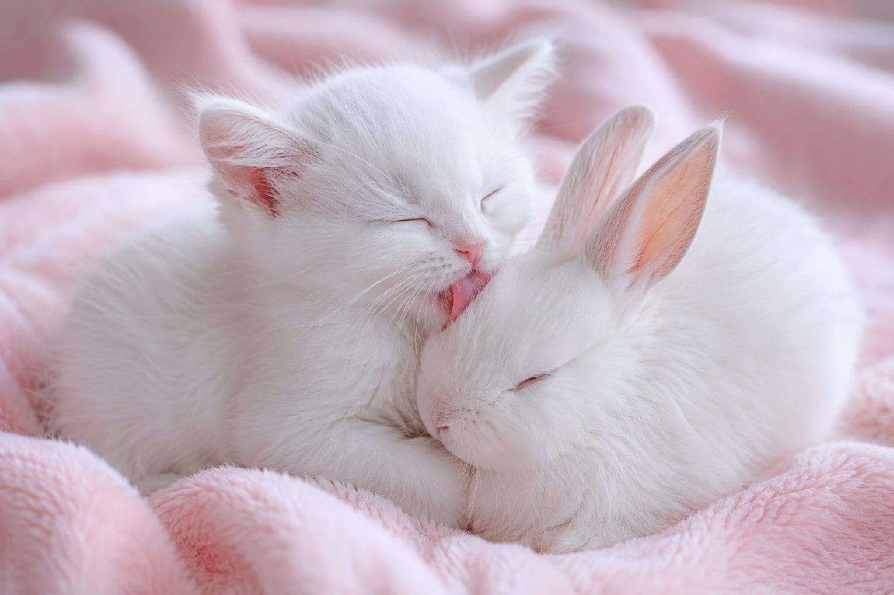 「ペロペロ、いつもありがとうニャ💕白猫ちゃんと白ウサギちゃんの「全身真っ白」な天使の毛づくろいタイムに涙がでちゃう😭」Ultra-realistic high-quality photograph of a pure white Turkish Angora kitten tenderly licking and grooming a small, white baby Angora rabbit while lying together on a soft pastel pink fleece blanket. ふわふわとした淡いピンク色のフリース毛布の上で、真っ白な被毛とピンクの小さなお鼻を持つターキッシュアンゴラの子猫が、隣で目を閉じてうっとりしている純白のアンゴラウサギの赤ちゃんの頭をやさしくペロペロと毛づくろい（グルーミング）している、優しさとピュアさに満ち溢れた超リアルな写真