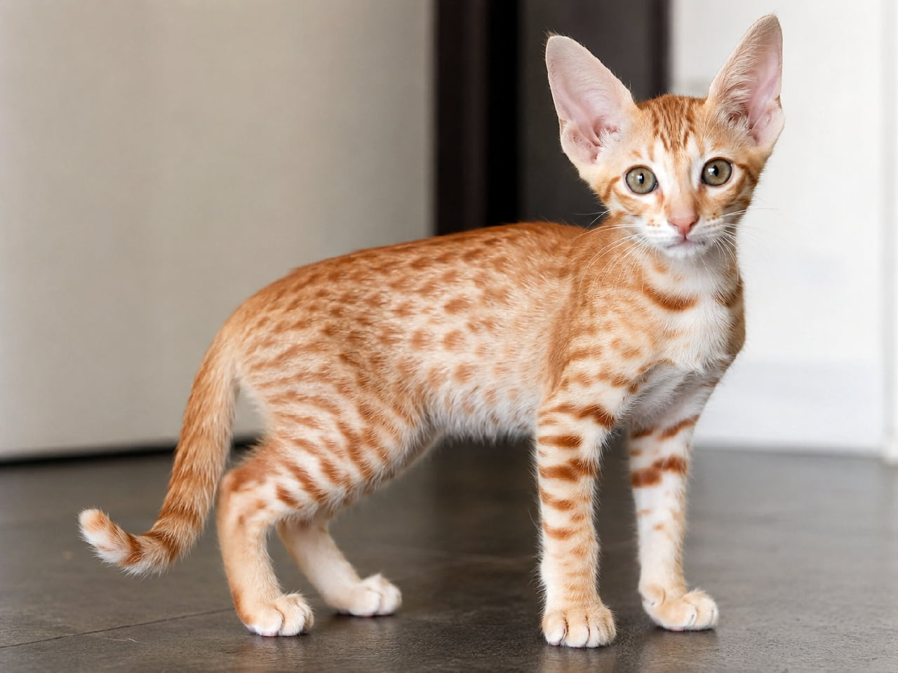 「まるで小さなチーター！？好奇心たっぷりなアラビアンマウの子猫ちゃんの探検が始まるニャ！🐾🧡」Ultra-realistic high-quality photograph of a curious Arabian Mau kitten standing on a dark indoor floor. Showing a short coat adorned with distinct orange spotted tabby markings like a tiny cheetah. Looking at the camera with large perked-up ears and clear greenish eyes full of wonder. 落ち着いたトーンの室内床に立ち、首をかしげるアラビアンマウの子猫。あたたかみのあるオレンジ地に、小さなチーターのような鮮やかなスポット（斑点）模様の被毛を持つ。ピンと立った大きな耳と澄んだ緑がかった大きな瞳で、好奇心いっぱいにカメラを見つめている