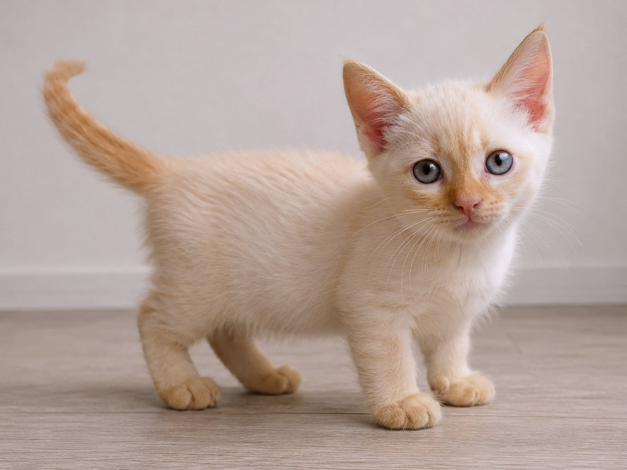 「溶けそうなクリーム色の被毛！🍼 カラーポイントショートヘアの子猫ちゃんが、あどけない表情でこっちを見てるニャン！💖」Ultra-realistic high-quality photograph of a Colorpoint Shorthair kitten standing on bright flooring indoors. Covered in pale cream-colored fur, with faint ginger coloring on the ears, legs, and tail. Looking directly at the camera with large bluish-violet eyes and an innocent expression. A lively pose with its tail raised upwards. 室内で、明るいフローリングの上に立つ、カラーポイントショートヘアの子猫。全身が淡いクリーム色の被毛で、耳や足、尻尾にわずかにジンジャーの色味がある。大きな青紫色の瞳でカメラを真っ直ぐ見つめる、あどけない表情。尻尾を上向きに立てた、元気なポーズ