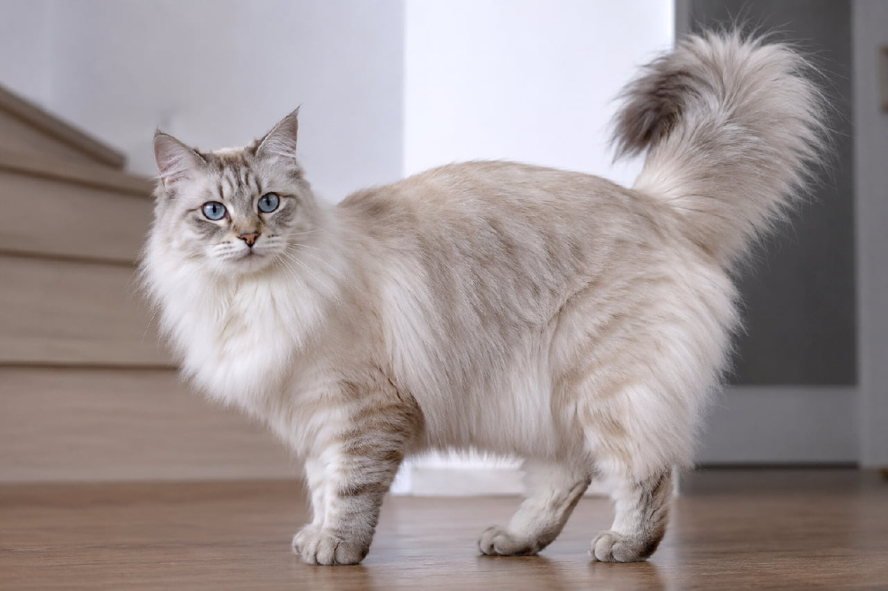 「このふわふわ感、まるで雲みたい！☁️ ジャバニーズの成猫さんが、静かな空間で優雅に佇んでいるニャン！💙」Ultra-realistic high-quality photograph of an adult Javanese cat standing indoors next to a wooden staircase. Covered in extremely fluffy semi-longhair, the color is lynx point (tabby point) on a light gray base. Beautiful blue eyes are looking steadily at the camera. The tail is thick and bushy. 室内で、木製の階段の隣に立つ、成猫のジャバニーズ。全身が非常にふわふわしたセミロングの被毛に覆われ、カラーはライトグレーを基調としたリンクスポイント（タビーポイント）。美しい青色の瞳がカメラをじっと見つめている。尻尾は太く、ふさふさしている