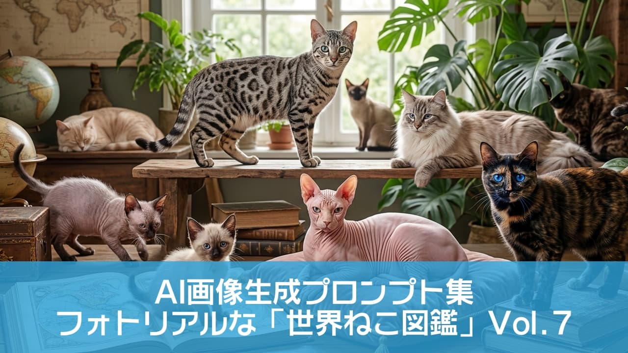 「猫たちの秘密の図書室！？個性が光る希少猫ちゃんたちが集まった奇跡の瞬間をお届けニャ！📚探検ポーズ🐈✨」Ultra-realistic high-quality photograph depicting a grand gathering of diverse rare cat breeds inside a vintage, classical study filled with antique globes, maps, and lush green plants. Featuring a hairless Donskoy lounging on a pink cushion in the center, a striking tortoiseshell Ojos Azules with blue eyes standing on books, a tiny pointed kitten on an open atlas, and a spotted tabby on a wooden bench in soft natural light. 古びた地球儀や世界地図、みずみずしい観葉植物が飾られたアンティーク調の書斎に集う、多様な希少種の猫たち。中央のベルベットクッションに座るピンク色の無毛のドンスコイ、手前の古書の上に立つ青い瞳が印象的なサビ柄のオホスアサレス、広げた地図の上にちょこんと佇むポイントカラーの小さな子猫、ベンチの上でポーズを決めるシルバーの美しい斑点模様のタビー猫など、様々な毛色やフォルムを持つ猫たちが温かな自然光のなかで思い思いに寛ぐ、重厚で幻想的なグループポートレート