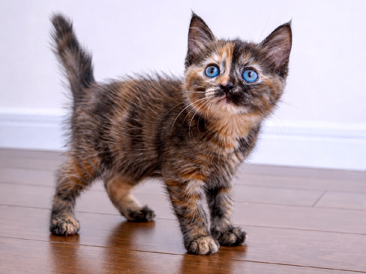 「しっぽピーン！でお散歩中🐾💙宝石みたいなおめめを持つオホスアサレスの子猫ちゃん、一体何を見つけたのかな？✨」Ultra-realistic high-quality photograph of a playful Ojos Azules kitten standing on dark brown flooring with its tail held high. It has a fluffy tortoiseshell coat and striking, round sky-blue eyes full of curiosity. Looking up with shining eyes set against a simple white wall background. ダークブラウンのフローリングの上で、尻尾をピンと立てて好奇心旺盛に立ち止まるオホスアサレスの子猫。ふわふわとしたトーティシェル（サビ柄）の被毛と、顔立ちを際立たせる見事なスカイブルーの丸い瞳が愛らしい。白い壁を背景に、何かを見上げて目を輝かせている