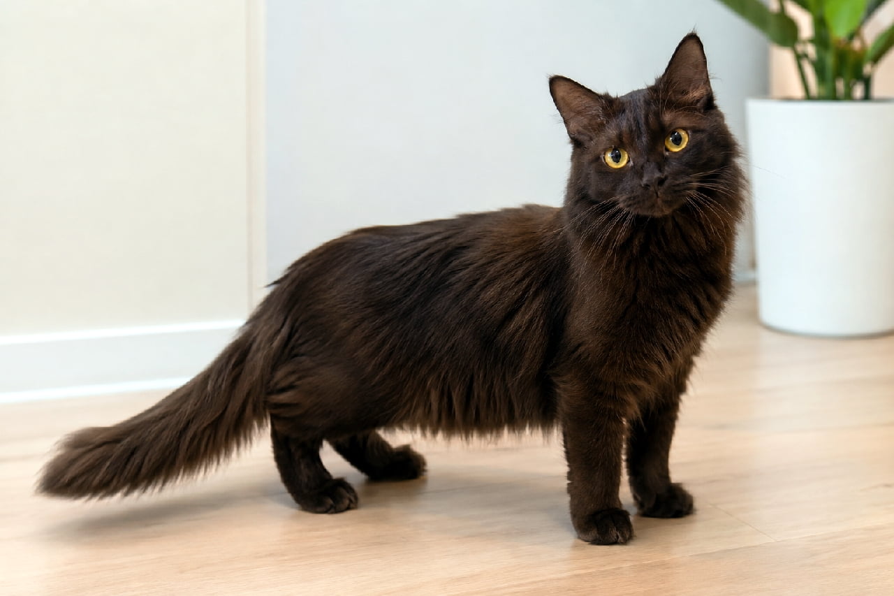 「リビングの主役は私！✨ ヨークチョコレートの成猫さんが、凛としたポーズで圧倒的な存在感を放っているニャン！🐈」Ultra-realistic high-quality photograph of an adult York Chocolate cat standing on the flooring of a bright living room. Its glossy chocolate-brown coat is long and abundant. Striking yellow eyes look directly at the camera with a dignified expression. In the background are a white wall and a white pot with a houseplant. 明るいリビングルームのフローリングに立つ、成猫のヨークチョコレート。艶やかなチョコレートブラウンの被毛が長く、豊かに広がっている。鮮やかな黄色の瞳が印象的で、カメラを真っ直ぐに見つめる凛とした表情。背景には白い壁と観葉植物の白い鉢が置かれている