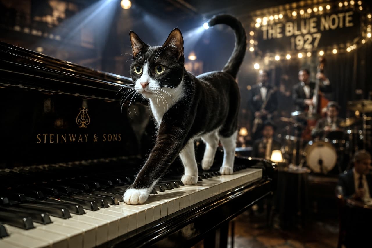 「1927年の名門クラブへタイムスリップ！鍵盤を踏みしめる足音が最高のジャズセッションニャ🎹✨ #ブルース #ブルーノート #タキシードキャット #ジャズナイト」Ultra-realistic high-quality photograph of a tuxedo cat walking confidently on the keyboard of a Steinway & Sons grand piano inside "THE BLUE NOTE 1927" jazz club under warm stage lights. 1927年創業の伝説的ジャズクラブ「THE BLUE NOTE」のネオンサインを背景に、スタインウェイ＆サンズの高級グランドピアノの鍵盤の上を歩くタキシード猫。短い黒白の被毛、白い前脚（ソックス）、印象的な黄緑色の瞳を持ち、背後のドラムやベースのバンド演奏と柔らかな光束が幻想的な雰囲気を醸し出している