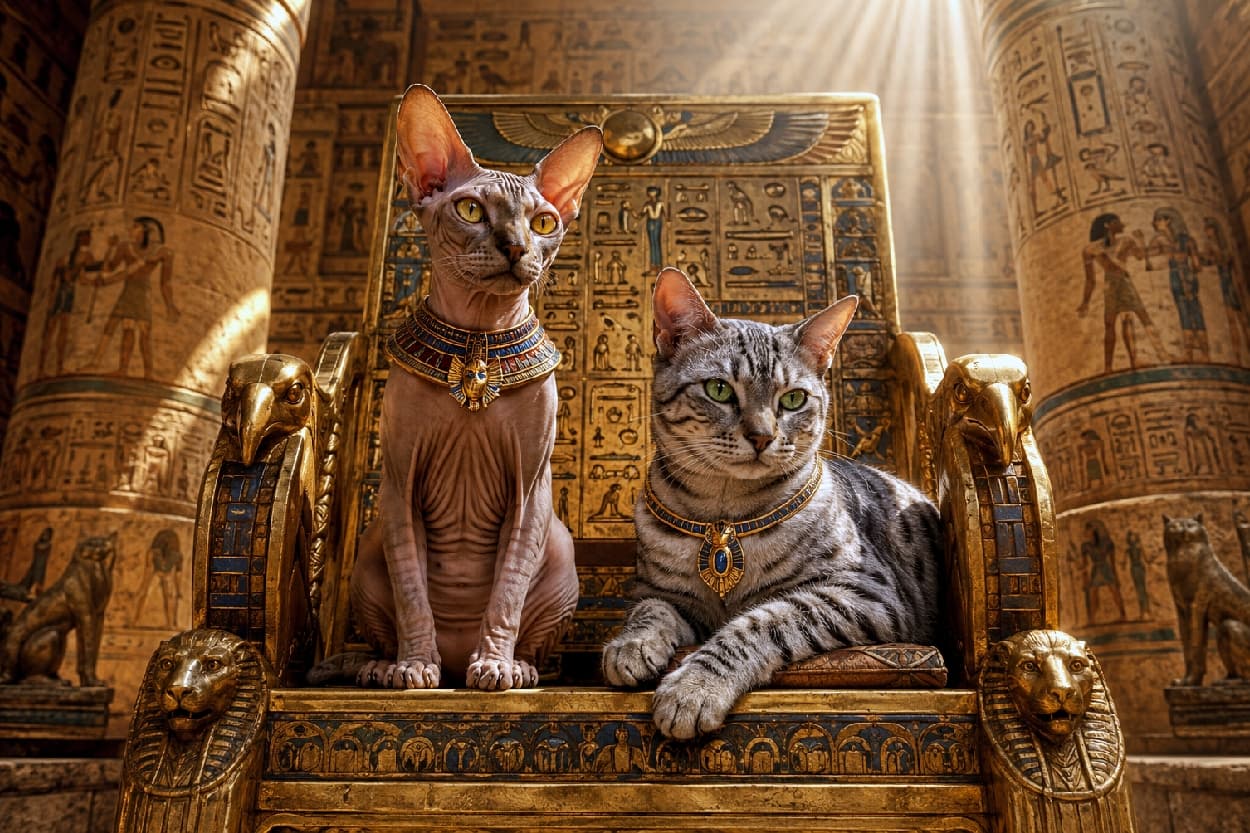 「古代エジプトへタイムスリップ！黄金の王座に君臨する神々しい猫さまペアが美しすぎる…尊い！神格化も納得の神々しさです👑✨ #タイムスリップ猫 #古代エジプト #ねこすたぐらむ」Ultra-realistic high-quality photograph of a Sphynx cat and a silver spotted Egyptian Mau wearing ornate gold collars, sitting majestically on a golden pharaoh throne inside an ancient Egyptian temple illuminated by dramatic sunlight. 古代エジプトの神殿内で、象形文字が刻まれた豪華な黄金の王座に並んで座る2匹の猫。左側はピンクがかった皮膚と大きな耳を持つ無毛のスフィンクス、右側はグリーンアイと美しい銀色の斑点模様を持つエジプシャンマウ。豪華な首飾りを身にまとい、上部からの光に照らされて威厳に満ちた表情を浮かべている