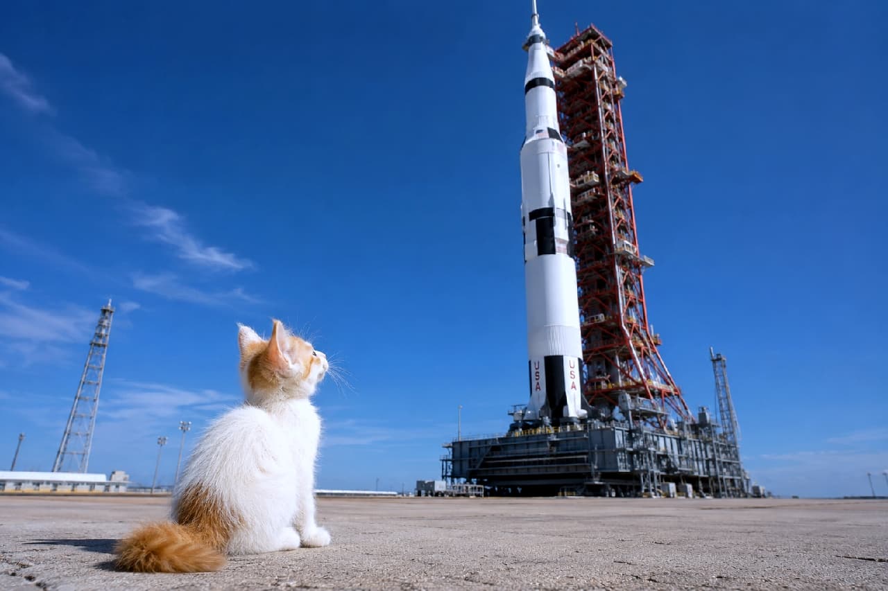「猫一歩は人類の偉大な一歩！？月を目指す巨体ロケットと小さなボクの壮大なストーリー🚀✨ #アポロ計画 #宇宙猫 #ターキッシュバン #夢に向かって」Ultra-realistic high-quality photograph of a small Turkish Van kitten sitting on the concrete launchpad, gazing up in awe at the massive Saturn V moon rocket under a clear blue sky. 1960年代のアポロ計画を思わせる宇宙センターの射場にて、快晴の青空へそびえ立つ巨大なサターンVロケットを背後から見上げる小さな茶白の雑種子猫。ふんわりとした白い毛並みとオレンジの斑点を持つ子猫が、コンクリートの地面にちょこんと座り、巨体と対比を成す健気な後ろ姿を見せている