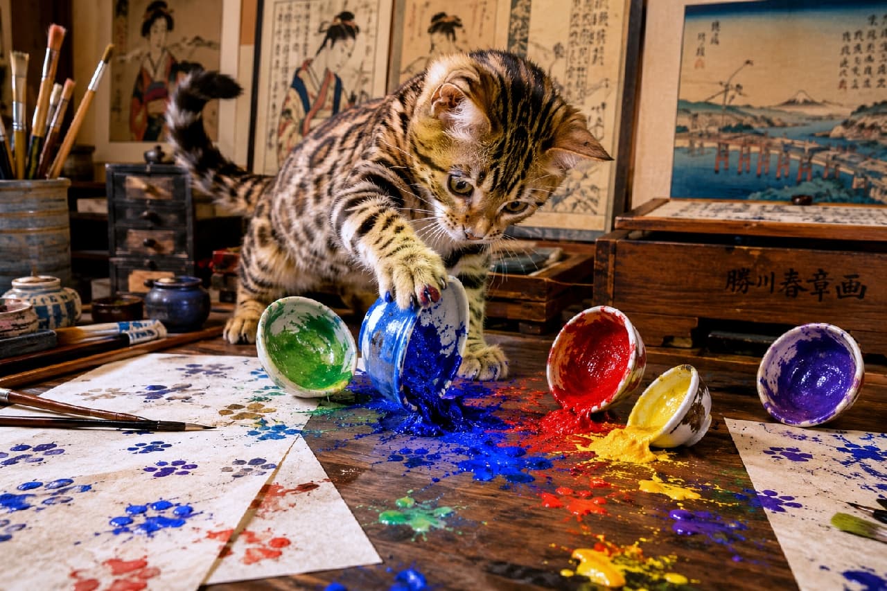 「新作の浮世絵はボクが完成させるニャ！🐾🎨 鮮やかなカラフル肉球アートが誕生！？ #猫のアトリエ #芸術の秋」Ultra-realistic high-quality photograph of a playful Bengal-style spotted kitten knocking over small colorful paint bowls on a wooden desk in an ancient Edo-period Japanese artist's studio, leaving vivid paw prints on traditional paper. 江戸時代の絵師の工房で、色とりどりの絵の具が入った和陶器の小鉢を器用に前足で倒すベンガル風の斑点模様（ロゼット）を持つ短毛仔猫。大きなゴールドの瞳で青い絵の具を見つめ、和紙には色鮮やかな肉球スタンプが散らばる。背景には浮世絵の掛軸や筆、木箱が並び、温かな工房の光が差し込む躍動感あふれる情景