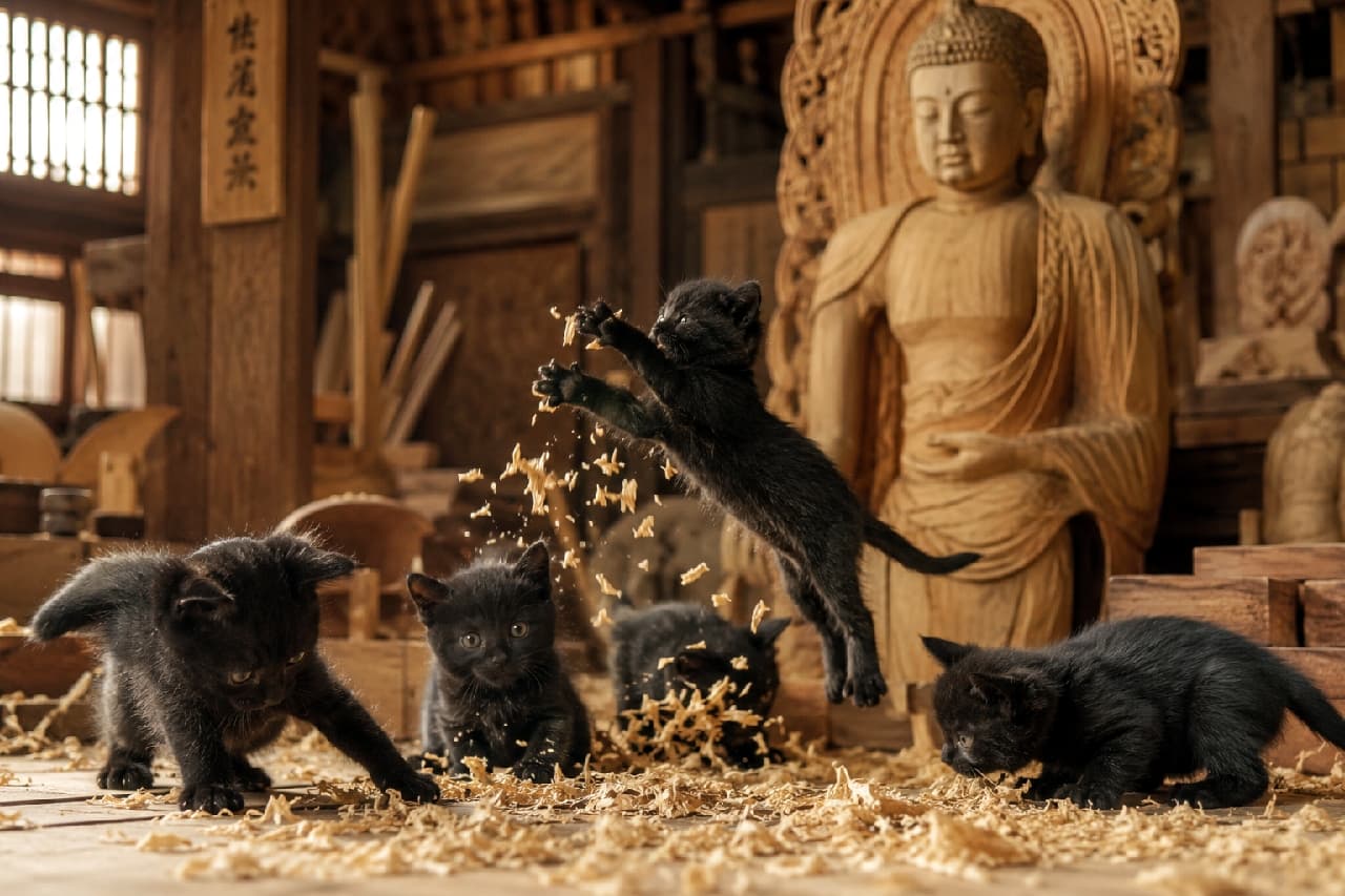 「木くずキャッチ！仏様も見守る工房で、ヤンチャ全開の黒猫戦隊参上〜！黒猫ちゃんの躍動感すごすぎ！🐾🔥 #黒猫の魅力 #元気いっぱい」Ultra-realistic high-quality photograph of energetic black kittens playing with flying wood shavings in a traditional Buddhist sculptor's workshop, with a large hand-carved wooden Buddha statue glowing in warm light in the background. 伝統的な木彫り仏師の工房で、舞い散る木くず（かんなくず）に向かって無邪気にジャンプする黒猫の仔猫たち。艶やかな漆黒の短毛とつぶらな瞳を持ち、1匹がダイナミックに空中で木くずを捕まえようとし、周囲の仔猫たちがそれを見つめる躍動的な姿。背景には優しく微笑む温かみのある木彫りの大きな仏像が佇み、温かい木漏れ日が差し込む光景