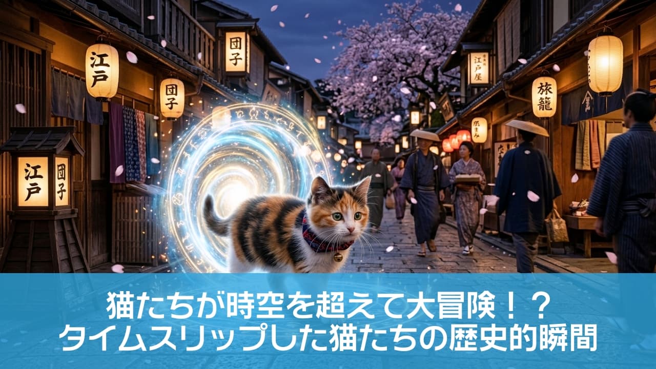 「「えっ、ここどこにゃ…？🏮」時空を超えて江戸時代にタイムスリップしちゃった三毛猫ちゃん🐈🌸＃猫＃タイムスリップ＃江戸＃和風＃ファンタジー＃唐草模様」An ultra-realistic high-quality photograph capturing a short-haired calico kitten, with a traditional Japanese patterned collar and bell, stepping out of a glowing blue-white vortex portal in a historical Edo Japan post town at night. The kitten walks on an illuminated magic circle over cobblestones, with wooden buildings, glowing paper lanterns, falling cherry blossom petals, and traditional Japanese figures in the background. The scene features dramatic contrast between the portal's magical light and the warm lantern glow. Kitten has a curious and focused expression. 江戸時代の夜の宿場町を舞台に、唐草模様の首輪に鈴を付けた、好奇心に満ちた真剣な表情の短毛の三毛猫（キャリコ）の子猫が、足元に光る魔法陣を描きながら、背景の青白い光る渦巻状の時空ポータルから現れ、石畳を歩いている。周囲には提灯の灯り、のれん、舞い散る桜の花びら、和装の人々がいる。魔法陣と提灯の光のコントラストがドラマチック