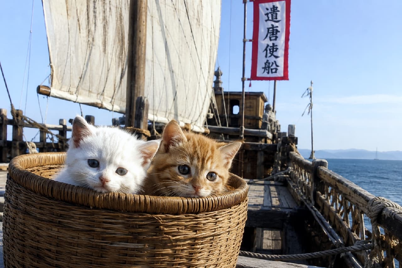 「いざ、新大陸へ出発にゃ〜！かごに入ってちゃっかり密航（？）中🚢かごからあふれる可愛さ！ #冒険猫 #にゃんこ航海記」Ultra-realistic high-quality photograph of a pair of adorable kittens—one pure white and one ginger tabby—peeking out from a woven basket on the wooden deck of an ancient voyage ship under a clear blue sky. 古代の木造船（遣唐使船）の甲板上で、編み込まれた竹籠からひょっこり顔を出す2匹の愛くるしい短毛仔猫。左側は純白の毛並みにグレーがかった青い瞳の白猫、右側は明るいオレンジの縞模様とクリッとした茶色の瞳を持つ茶トラ猫。背景には「遣唐使船」の赤い旗と大きな帆、青く広がる海と空が広がる冒険の情景