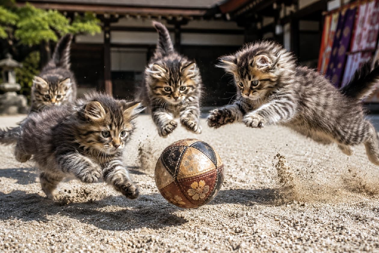 「平安時代の蹴鞠大会、飛び入り参加しちゃいましたっ！⚽️🔥 誰よりも高くジャンプにゃ！ #やんちゃ猫 #元気の源」Ultra-realistic high-quality photograph of dynamic long-haired tabby kittens leaping in mid-air, playing with a traditional leather ball in a historic Japanese temple courtyard, stirring up dust under warm sunlight. 古風な神社の境内敷地内で、革製の蹴鞠（けまり）を追いかけてダイナミックに跳躍する4匹の長毛キジトラ仔猫たち。フワフワとした厚い被毛とゴールドに輝く瞳を持ち、砂煙を上げながら無邪気に飛び跳ねる躍動感あふれる姿。背景には歴史的な木造建築と鮮やかな幕が見え、温かな日差しが包み込む臨場感ある一瞬