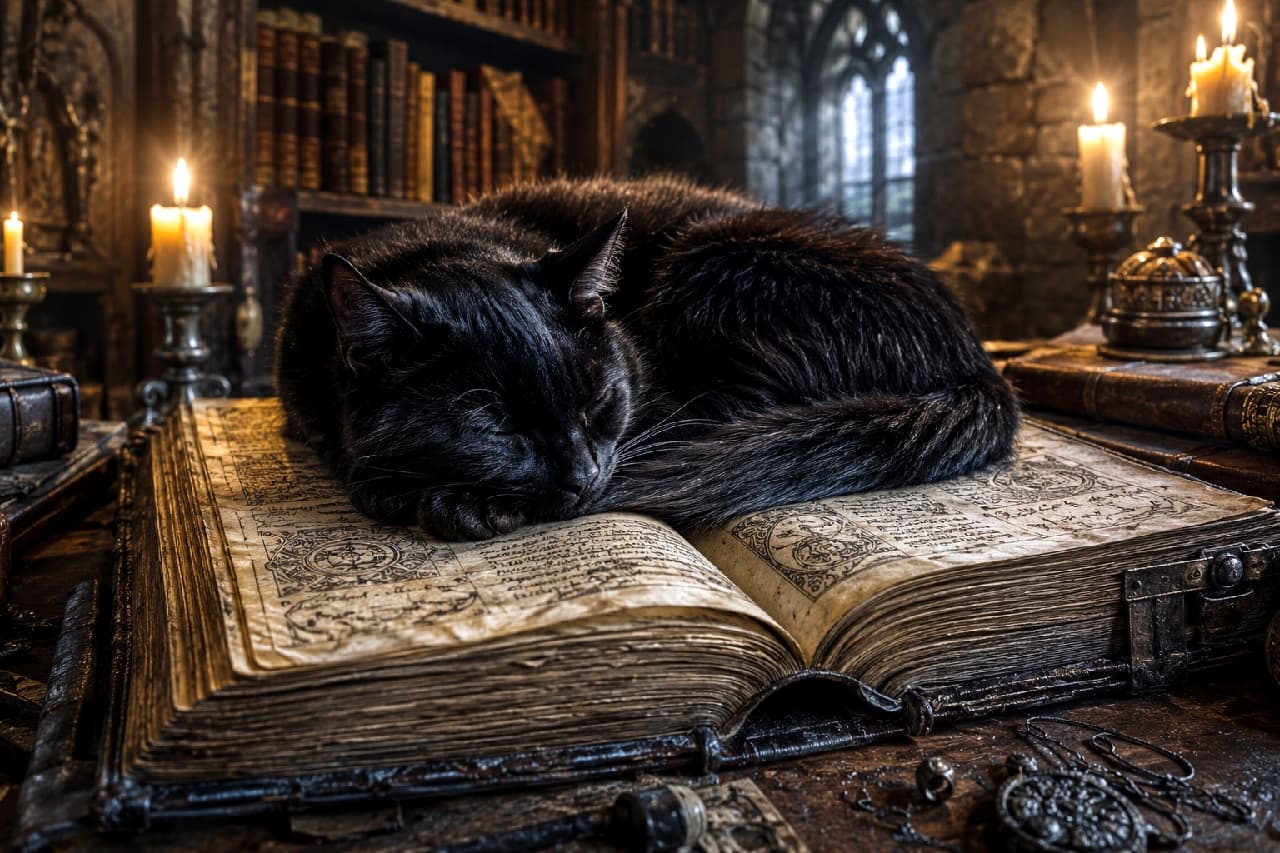 「魔法使いの相棒かな…？キャンドルの灯りに包まれて、古い魔導書の上でニャンモナイト結成中🌙🔮静かな夜にぴったりの癒やしをどうぞ。 #黒猫部 #魔女の猫 #読書猫 #ファンタジーの世界」Ultra-realistic high-quality photograph of a sleek black cat curled up sleeping on a massive ancient leather-bound book in a gothic dimly lit library warmed by glowing candlelight. 中世の重厚な書庫で、開かれた古い羊皮紙の魔導書の上に丸くなって眠る艶やかな被毛の黒猫。ろうそくの温かい灯りが黒毛の質感や繊細なひげを優しく照らし出している。背景には古書が並ぶ本棚とゴシック様式の窓があり、静けさと神秘性に満ちた雰囲気