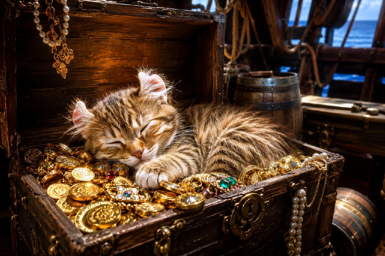 「一番の宝物はボクニャ！金貨のベッドでぐっすり夢の中…船乗りの心を奪うかわいすぎる海賊猫ちゃん🏴‍☠️💰 #海賊猫 #宝物 #アメリカンカール #癒やし猫」Ultra-realistic high-quality photograph of an adorable American Curl kitten with curled ears peacefully sleeping inside an open wooden treasure chest full of gold coins and jewels aboard a pirate ship. 海賊船の船内で、あふれるほどの金貨や真珠、宝石が詰まった木製の宝箱の中で気持ちよさそうに眠るブラウンタビーのアメリカンカールの子猫。後ろにくるんと反った特徴的な耳ともふもふの被毛を持ち、前脚を金貨の上に乗せている。背景の窓からは青い海が見える幻想的な光景