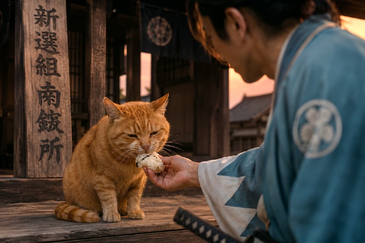 「新選組のお兄さんから特大おにぎりの差し入れニャ🍙✨ 夕暮れのほっこりタイム…💕 #新選組 #茶トラ #もぐもぐタイム」Ultra-realistic high-quality photograph of a chubby red tabby cat happily eating a rice ball directly from the hand of a Shinsengumi samurai wearing a light blue kimono outside an ancient wooden headquarters building at golden sunset. 新選組の屯所（南鍛冶所）前で、浅葱色の羽織を着た隊士の手からおにぎりを頬張るふくよかな茶トラ猫。鮮やかなオレンジの縞模様の毛並みと満足そうに目を細めた表情が愛らしい。木製の看板や瓦屋根の街並みが広がり、ノスタルジックな夕暮れのオレンジ色の光が侍と猫を温かく照らし出す情緒あふれる情景