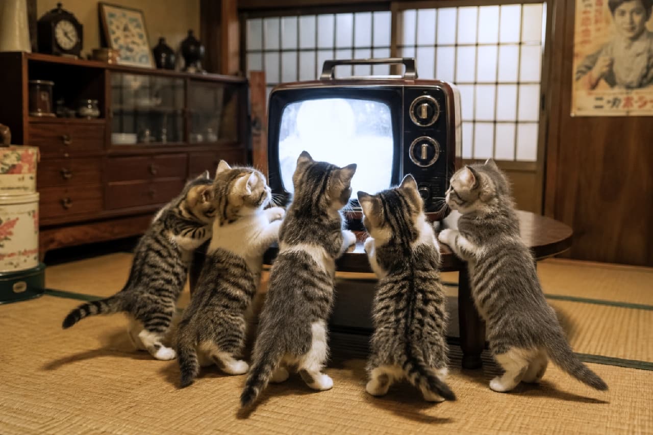 「画面の向こうに何があるニャ！？📺✨ 昭和のテレビに興味津々な仔猫戦隊、全員集合〜！ #昭和レトロ #夢中な猫」Ultra-realistic high-quality photograph of five playful Munchkin kittens standing on their hind legs around a glowing vintage television on a low wooden table inside a nostalgic retro Japanese showa-style room. 昭和レトロな畳敷きの和室で、ちゃぶ台の上に置かれた光るブラウン管テレビを興味津々で覗き込む5匹のマンチカンの子猫たち。綺麗なシルバータビーやブラウンタビーの斑紋模様の被毛を持ち、小さな前足をテーブルにかけて身を乗り出す愛くるしい後ろ姿。背景には古風な茶箪笥や掛け時計、レトロポスターがあり、ノスタルジックな温かい光が包む情景