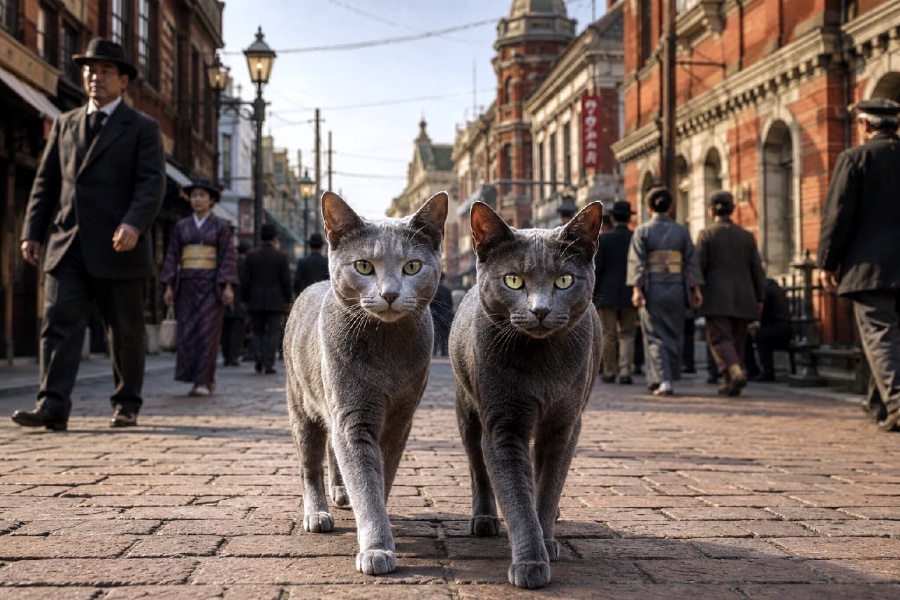 「ハイカラな街並みをキャットウォーク🐾✨ 時代の先端をいくスタイリッシュな2匹ニャ！ #ロシアンブルー #コラット #ハイカラ」Ultra-realistic high-quality photograph of a young Russian Blue cat and a Korat cat with mysterious yellow-green eyes walking side-by-side with confidence down a historic brick-paved street surrounded by Meiji-era brick buildings and passersby in traditional attire. 明治・大正期のレトロな洋風赤レンガ建築とガス灯が立ち並ぶ石畳の街並みで、前を見据えて並んで颯爽と歩くロシアンブルーとコラットの若猫。なめらかでスモーキーグレーの短毛被毛と神秘的なイエローグリーンの瞳を持ち、凛とした表情で前足を差し出す。背景には着物姿や洋装の通行人が行き交い、ノスタルジックでシックな光に包まれる情景