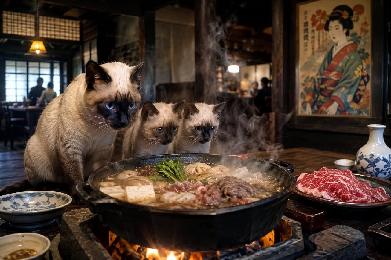 「クンクン…美味しそうな匂いがするニャ！🍲👀 シャム猫親子、すき焼きから目が離せません！ #食いしん坊猫 #シャム猫」Ultra-realistic high-quality photograph of a Siamese cat family—one adult and two kittens—with striking sapphire blue eyes intensely watching a steaming hot sukiyaki pot on a wooden table in an authentic retro Japanese dining room. レトロな居酒屋の木製テーブルで、七輪の上でぐつぐつと湯気を立てるすき焼き鍋を身を乗り出して凝視するシャム猫の親子。特徴的なダークブラウンのポイントカラーとサファイアブルーの澄んだ瞳、クリーム色の被毛を持ち、親猫1匹と仔猫2匹が並んで美味しそうな肉を見つめる。背景には大正・昭和風の美人画ポスターが飾られた温かみのある情景