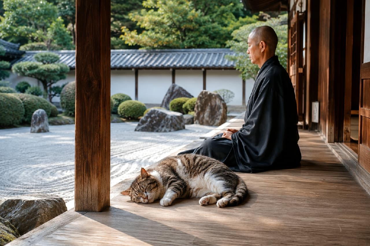 「お師匠様と一緒に心の瞑想（という名の爆睡）中ニャ🧘‍♂️💤 縁側ぽかぽか最高〜！ #禅寺猫 #マインドフルネス」Ultra-realistic high-quality photograph of a tabby and white cat sleeping peacefully on the wooden veranda of a traditional Zen temple next to a meditating monk, facing a tranquil gravel garden. 静寂に包まれた歴史ある禅寺の広い木製縁側で、体を横たえて幸せそうに目を閉じて眠るキジトラ白（タビー＆ホワイト）の成猫。柔らかそうな白いお腹と美しい縞模様が特徴。傍らには黒い法衣を身にまとい枯山水庭園に向かって座禅を組む僧侶が佇み、手入れされた砂紋や巨石、新緑の木々から爽やかな自然光が照らす平和な情景