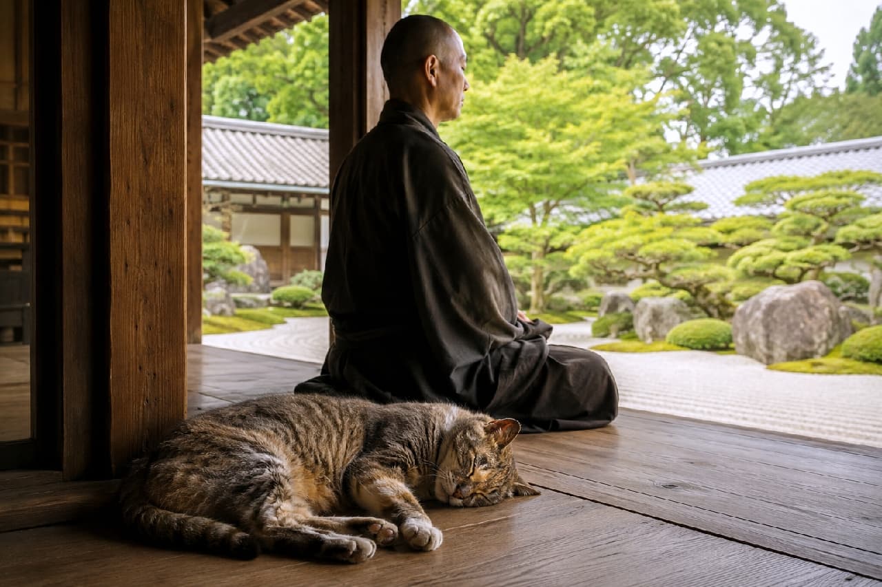 「静寂のなかで、最高の猫吸いタイム…ではなくお昼寝タイムにゃん僧侶様と一緒に心を整え中🧘‍♂️💤 #猫のいる暮らし」Ultra-realistic high-quality photograph of a brown tabby cat peacefully sleeping on the wooden porch of a Japanese Zen temple. In the background, a Buddhist monk in black robes meditates facing a serene dry landscape garden, illuminated by soft natural light. 静かな禅寺の木製縁側で気持ちよさそうに丸くなって眠るキジトラ猫。繊細な茶色と黒の縞模様の毛並みと白い靴下をはいたような足先が特徴。背後には黒い法衣を纏い枯山水の庭園に向かって座禅を組む僧侶が佇み、手入れされた松や新緑の木々、美しい白砂にやわらかな自然光が差し込む静寂と癒やしの情景