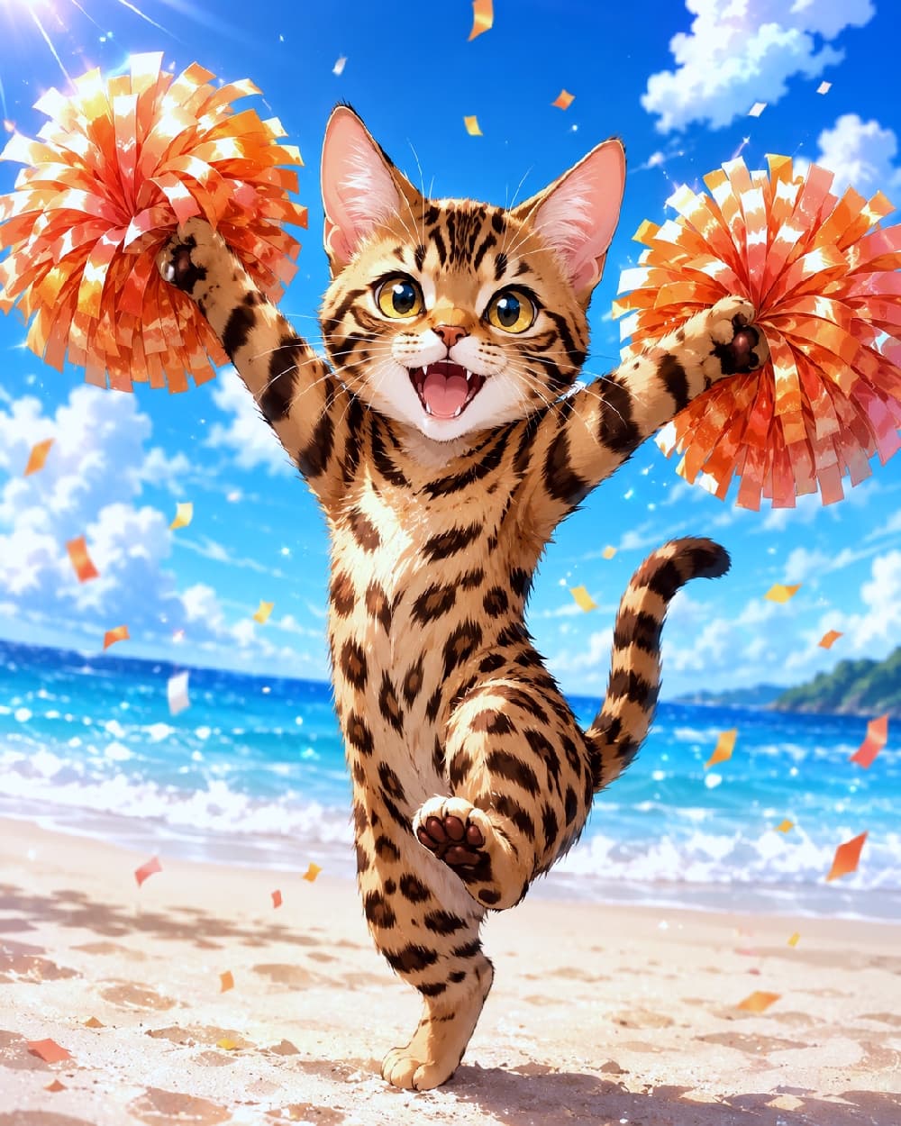 「海辺で全力応援！📣オレンジのポンポンを持った元気いっぱいの子猫ちゃんが今日もパワーをお届けにゃ！推すしかない！チアにゃんこ応援団🐾✨」An ultra-realistic high-quality photograph of an energetic Bengal kitten cheerleader jumping with orange pom-poms on a sunny beach, showcasing vibrant spotted fur, amber eyes, and a joyful expression against a tropical blue ocean background with confetti. 太陽が照りつける快晴の砂浜で、鮮やかなオレンジのポンポンを両手に掲げて元気いっぱいに跳ねるベンガル風の子猫。クッキリとしたロゼット模様（豹柄）の美しい被毛とゴールドに輝く大きな瞳、口を大きく開けた弾ける笑顔の躍動的な構図です。背景には透き通る青い海と紙吹雪が舞い散っています