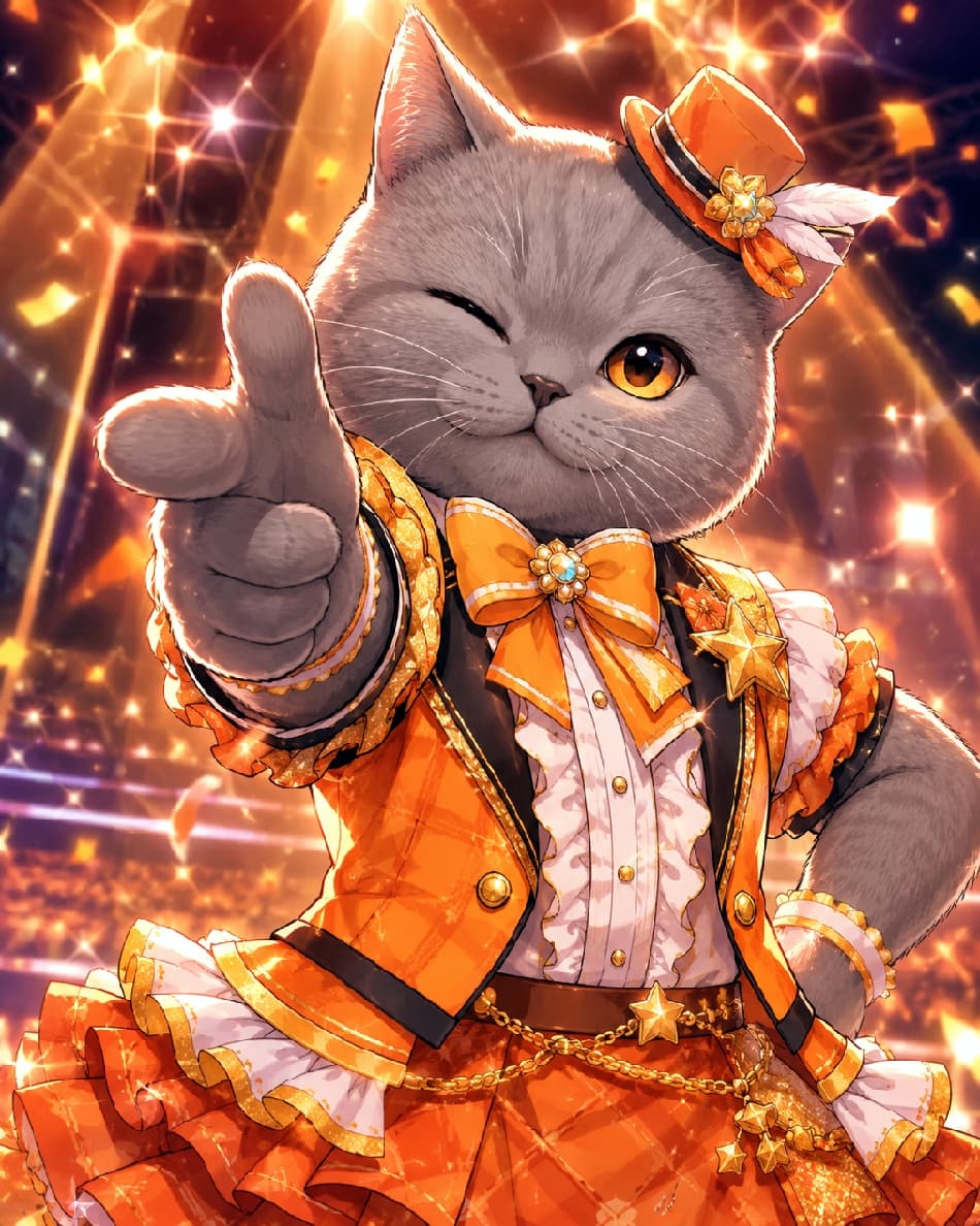 「キミのハートにズキュンにゃん！アピール上手なドヤ顔ウインクにノックアウト寸前…😉🧡」An ultra-realistic high-quality photograph of a fluffy grey British Shorthair cat idol winking and making a finger-gun gesture on a dazzling golden stage filled with confetti. 金色に輝く紙吹雪が舞うステージで、オレンジ色の華やかな衣装とミニハットを着用し、ウインクしながらカメラに向かってバキュンポーズを決めるグレーのブリティッシュショートヘア。丸みのある愛らしい輪郭とオレンジゴールドの瞳が際立ち、圧倒的なアイドル感を放っています