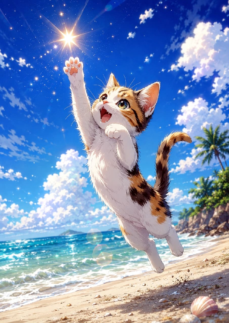 「お星さま、つかまえたっ！🌟 気分はすっかり夏の冒険家🌴🐾 みんなの願い事も叶いますように✨」Ultra-realistic high-quality photograph of a lively calico-tabby kitten leaping energetically from a sandy tropical beach to catch a glowing magical star. The bright summer sunlight, the kitten's fluffy belly fur, and its curious emerald green eyes are captured in exquisite detail. 南国風のヤシの木と青空が広がる砂浜で、空に輝く魔法のような星に向かって思い切りジャンプするキジ三毛（麦わら）の子猫。エメラルドグリーンの好奇心旺盛な瞳と、ふかふかのお腹の毛並み、夏の強い日差しが鮮やかに描き出されています